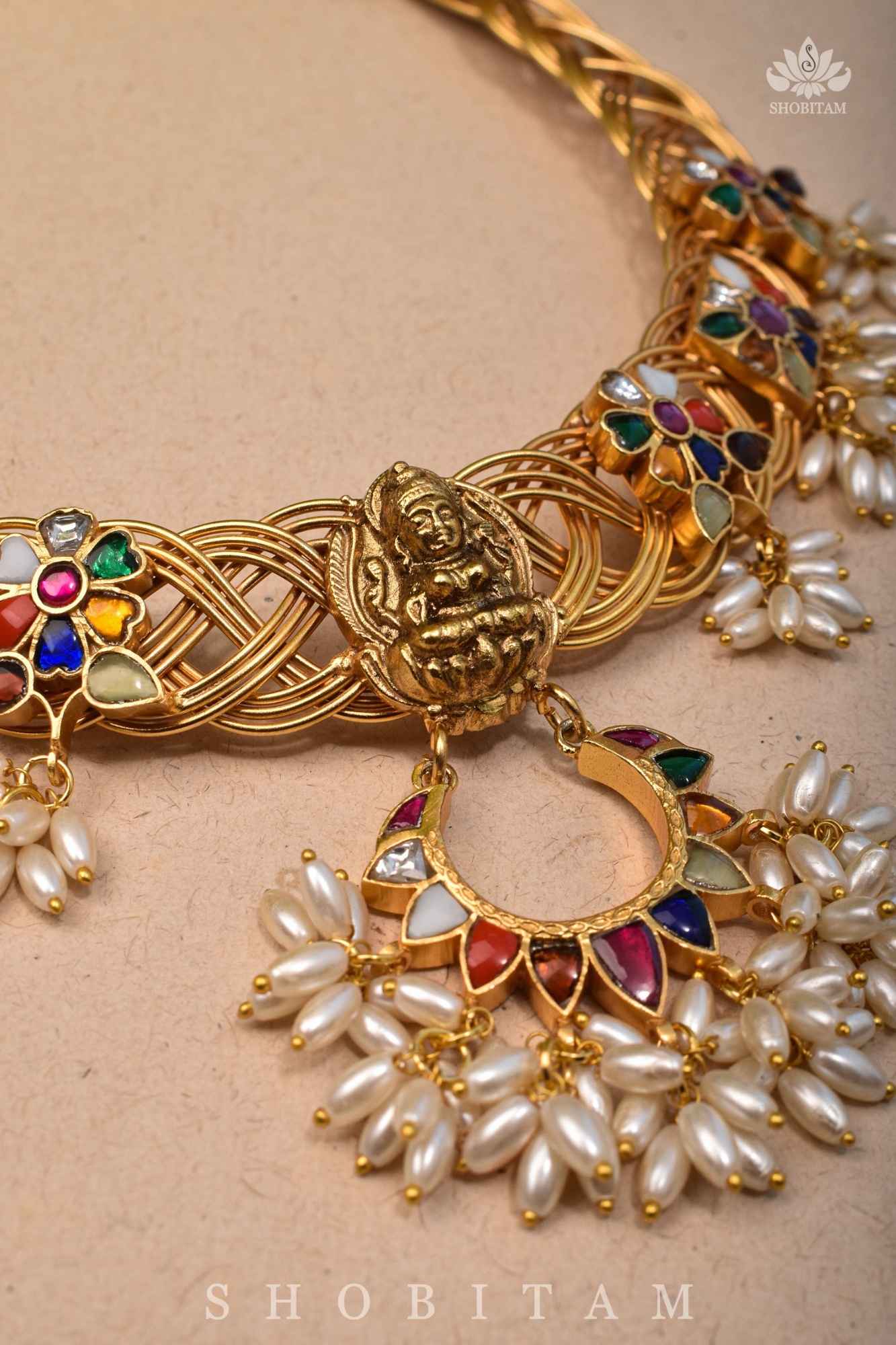 Braided Hasli Carved Lakshmi with Navaratna Stones Necklace Set with Dangling Rice Pearls, No Earrings