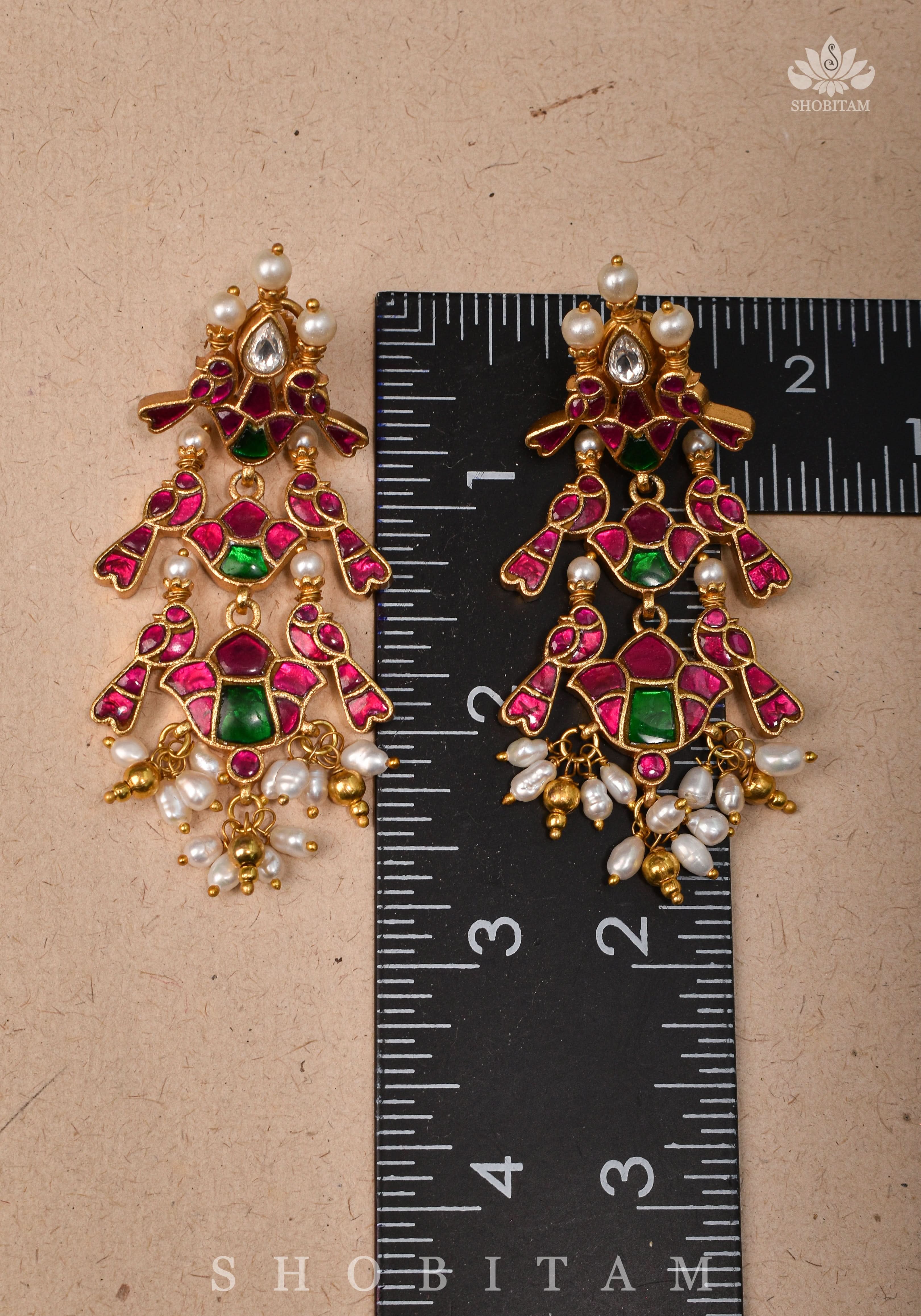Handcrafted Jadau Statement Twin Bird Design Earrings with Pink and White Stones | Shobitam Jewelry