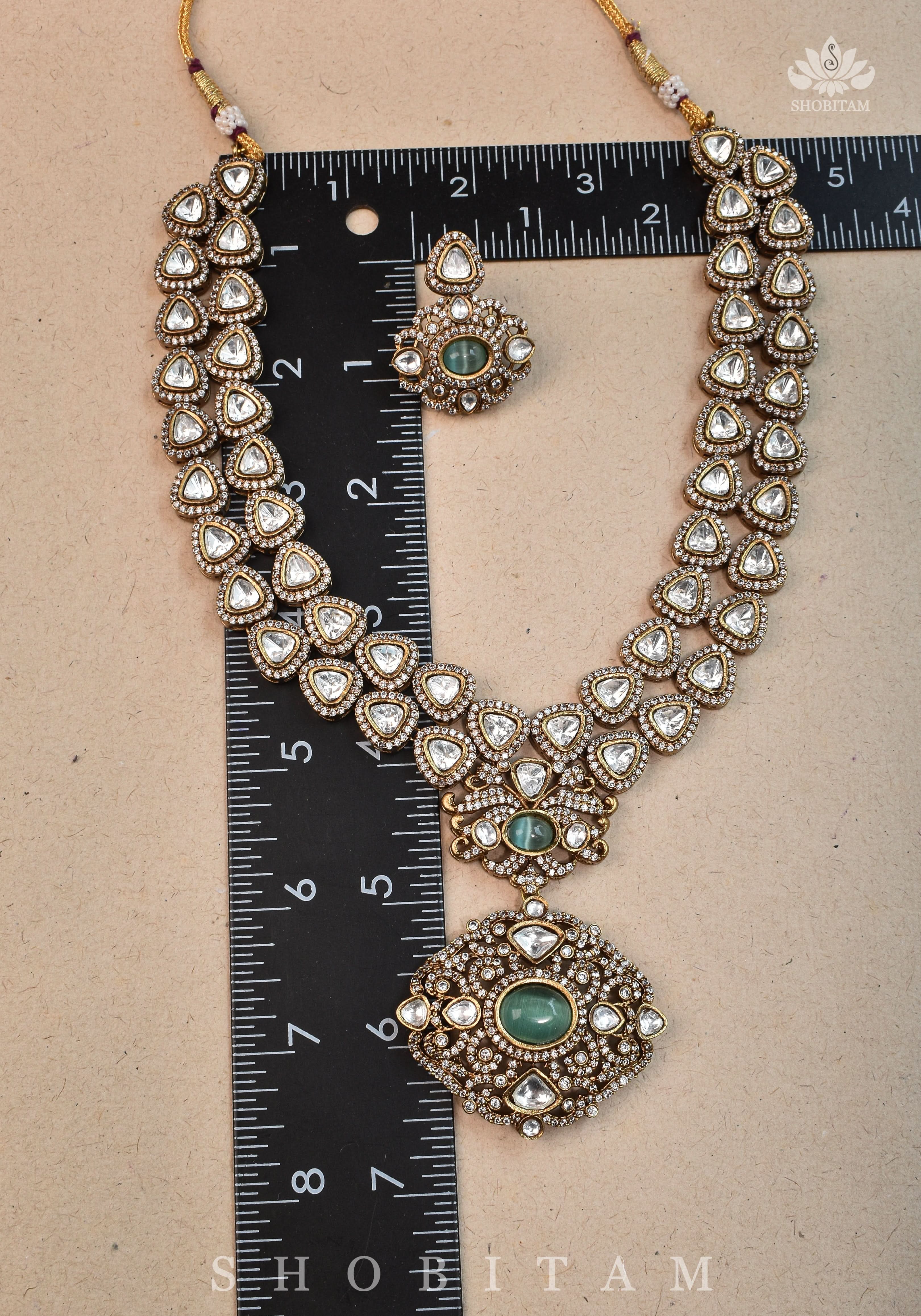 Classic Victorian Design Stone Studded  Necklace Set with White and Green Stones | Shobitam jewelry