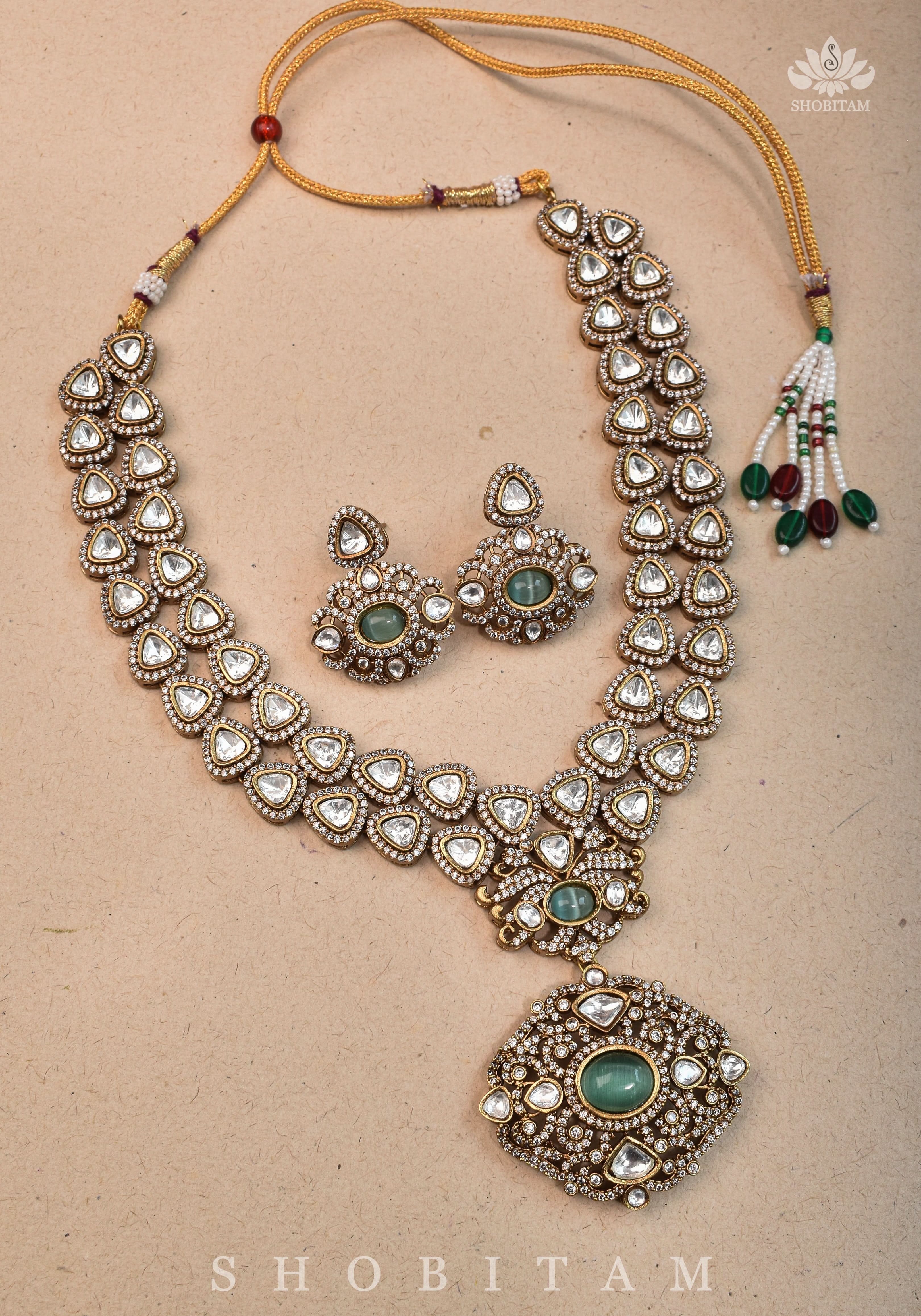 Classic Victorian Design Stone Studded  Necklace Set with White and Green Stones | Shobitam jewelry