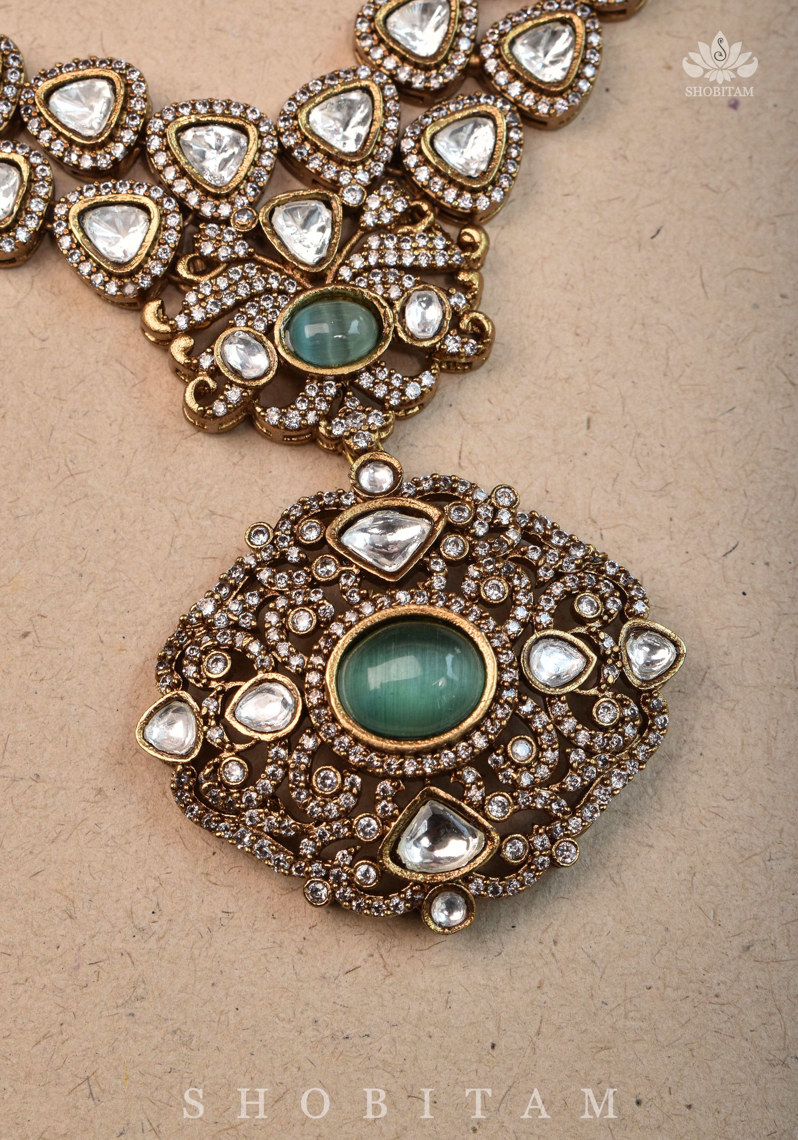 Classic Victorian Design Stone Studded  Necklace Set with White and Green Stones | Shobitam jewelry