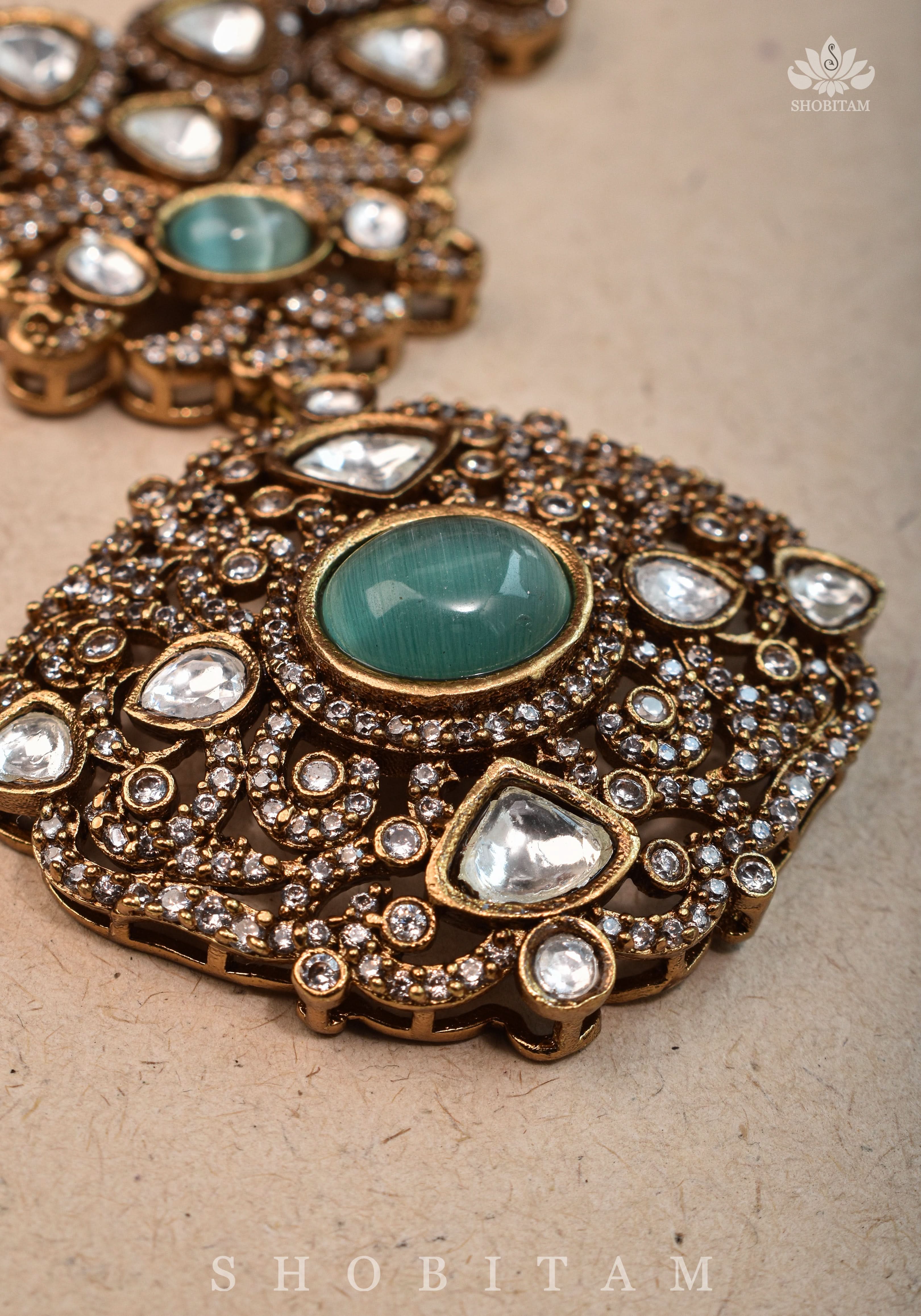 Classic Victorian Design Stone Studded  Necklace Set with White and Green Stones | Shobitam jewelry