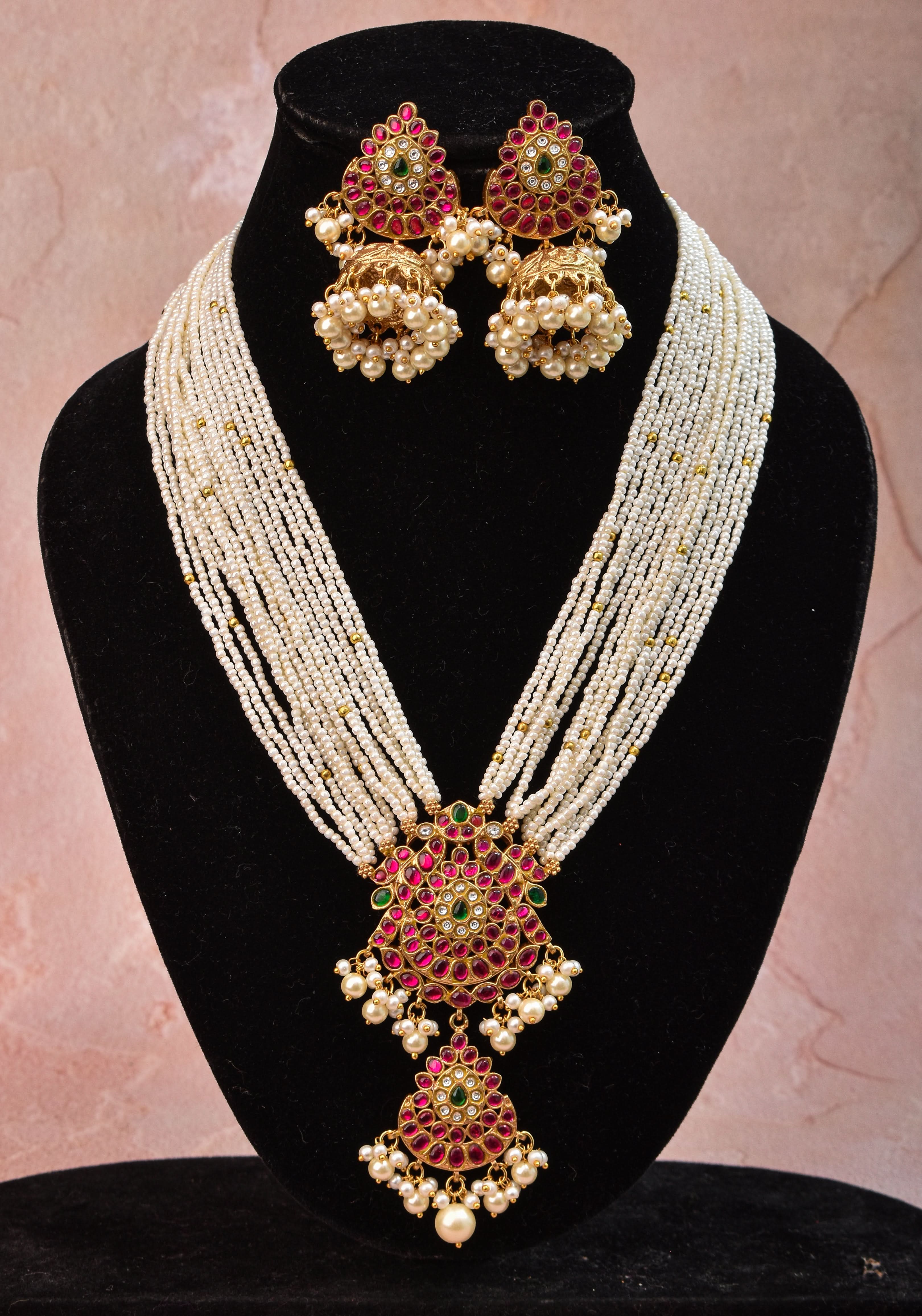 Jadau Twin Peacock Design  Multistrand Choker Set with White, Green, Pink stones | Shobitam Jewelry