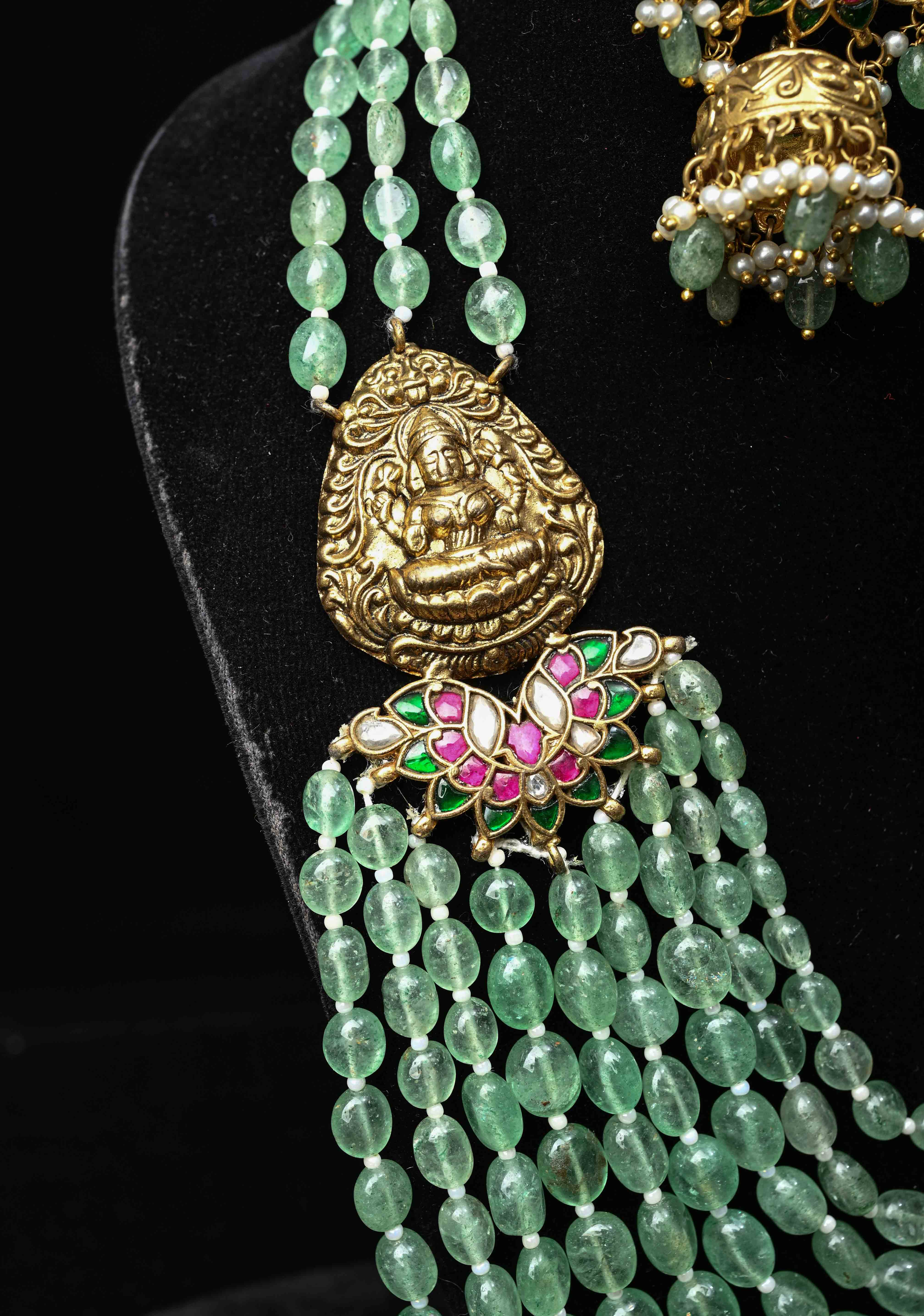 Elegant Sage Green Multistrand Beads Ahmedabadi Jadau Kundan Long Necklace Set with Lakshmi Units