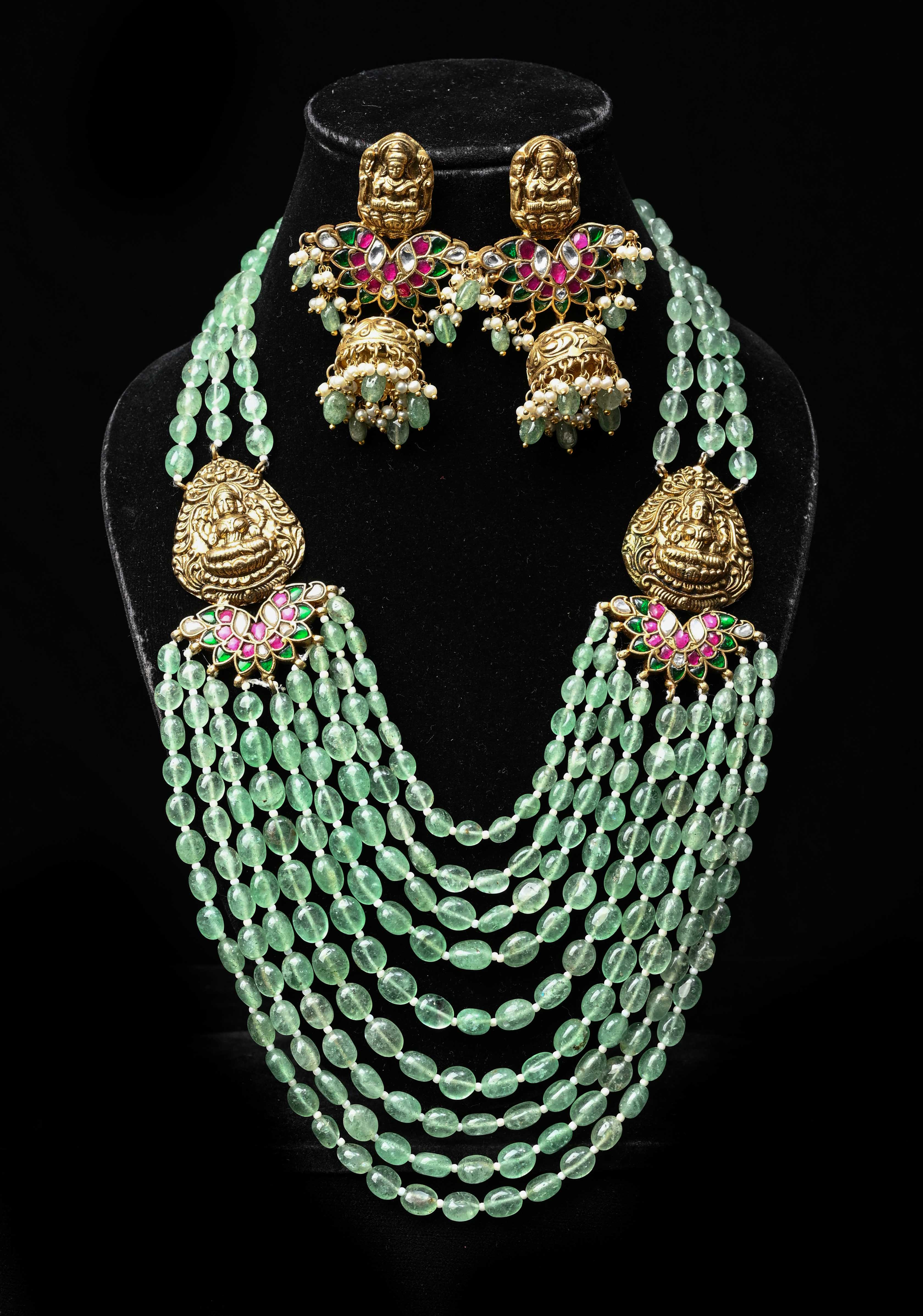 Elegant Sage Green Multistrand Beads Ahmedabadi Jadau Kundan Long Necklace Set with Lakshmi Units