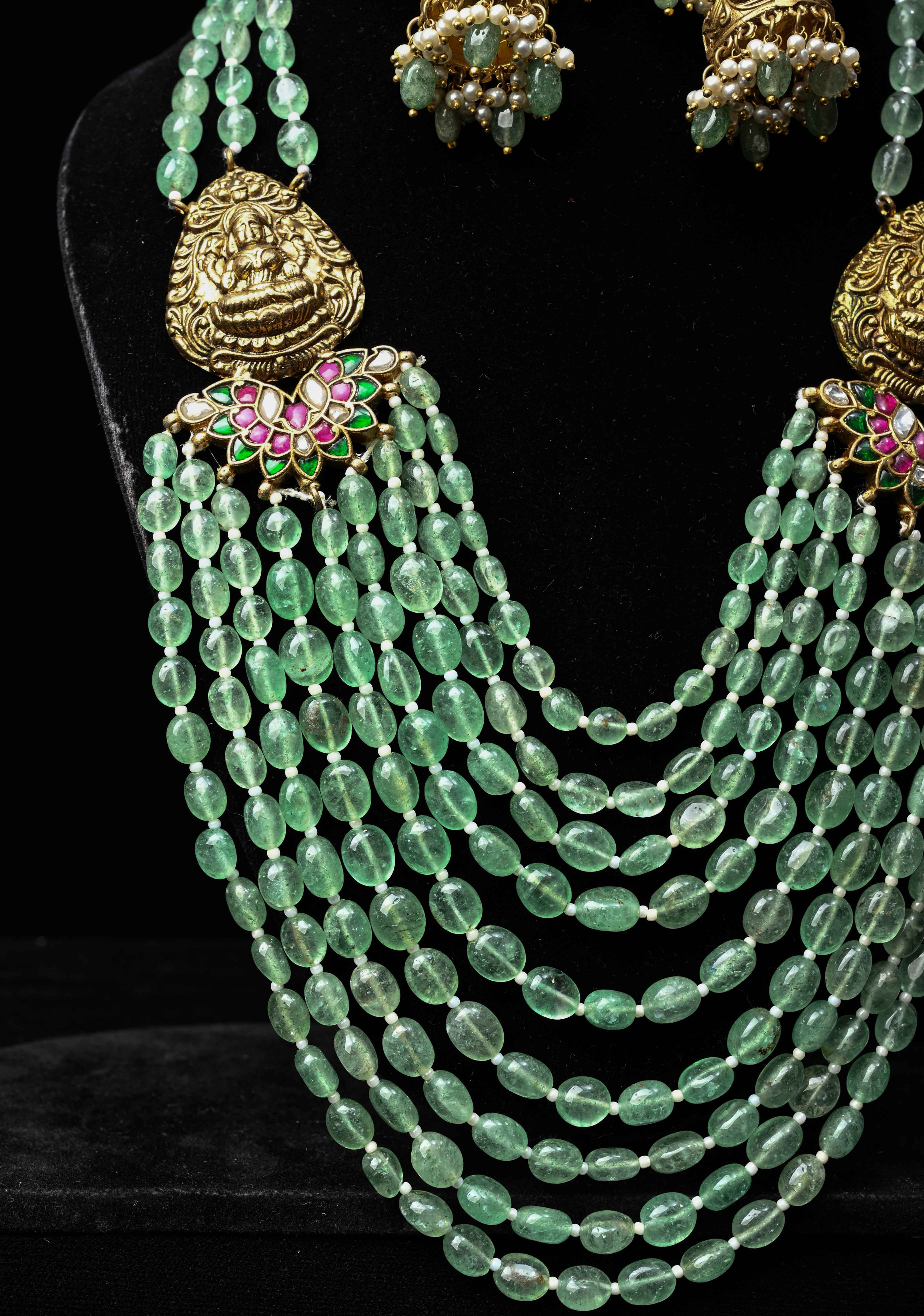 Elegant Sage Green Multistrand Beads Ahmedabadi Jadau Kundan Long Necklace Set with Lakshmi Units