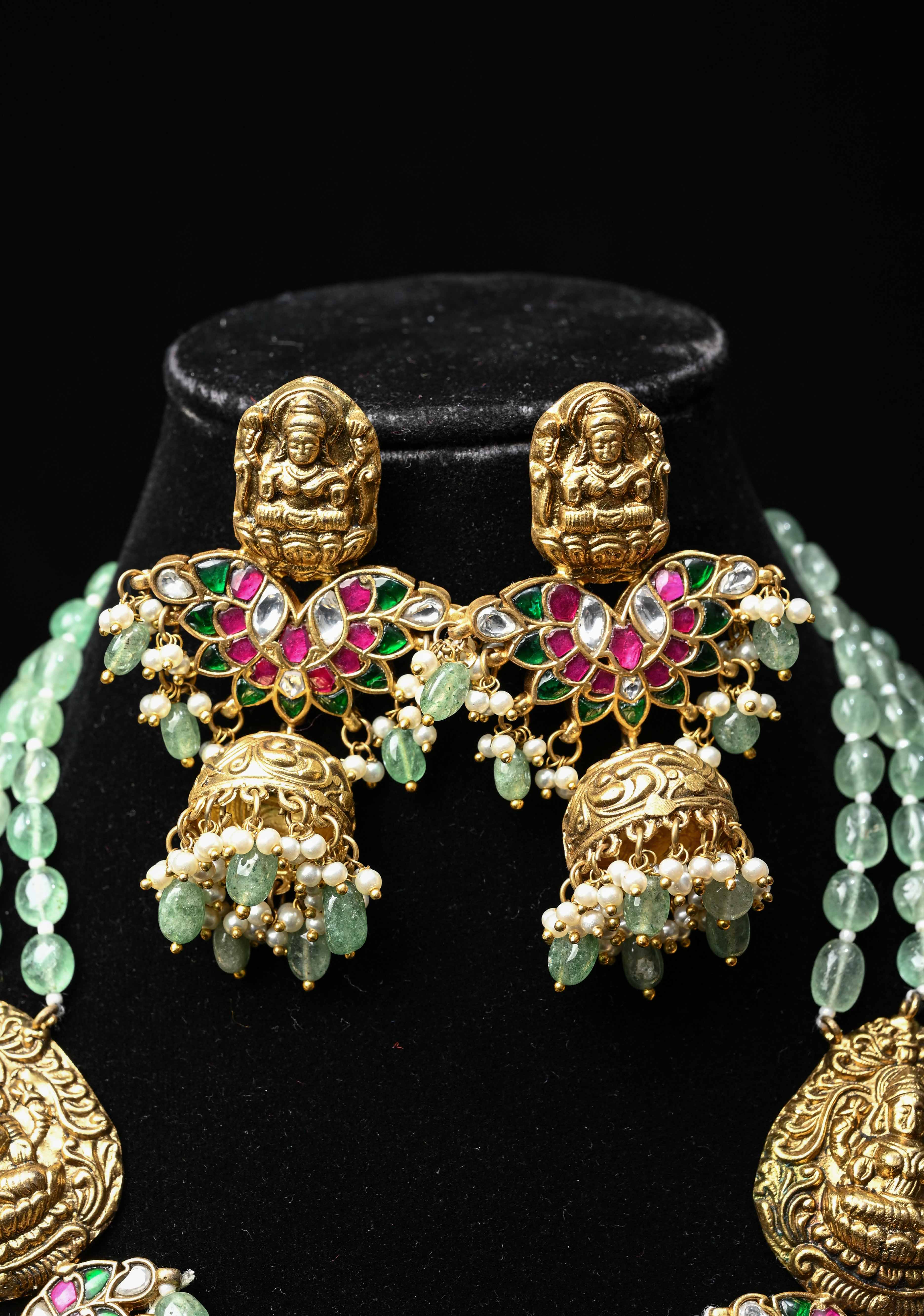 Elegant Sage Green Multistrand Beads Ahmedabadi Jadau Kundan Long Necklace Set with Lakshmi Units