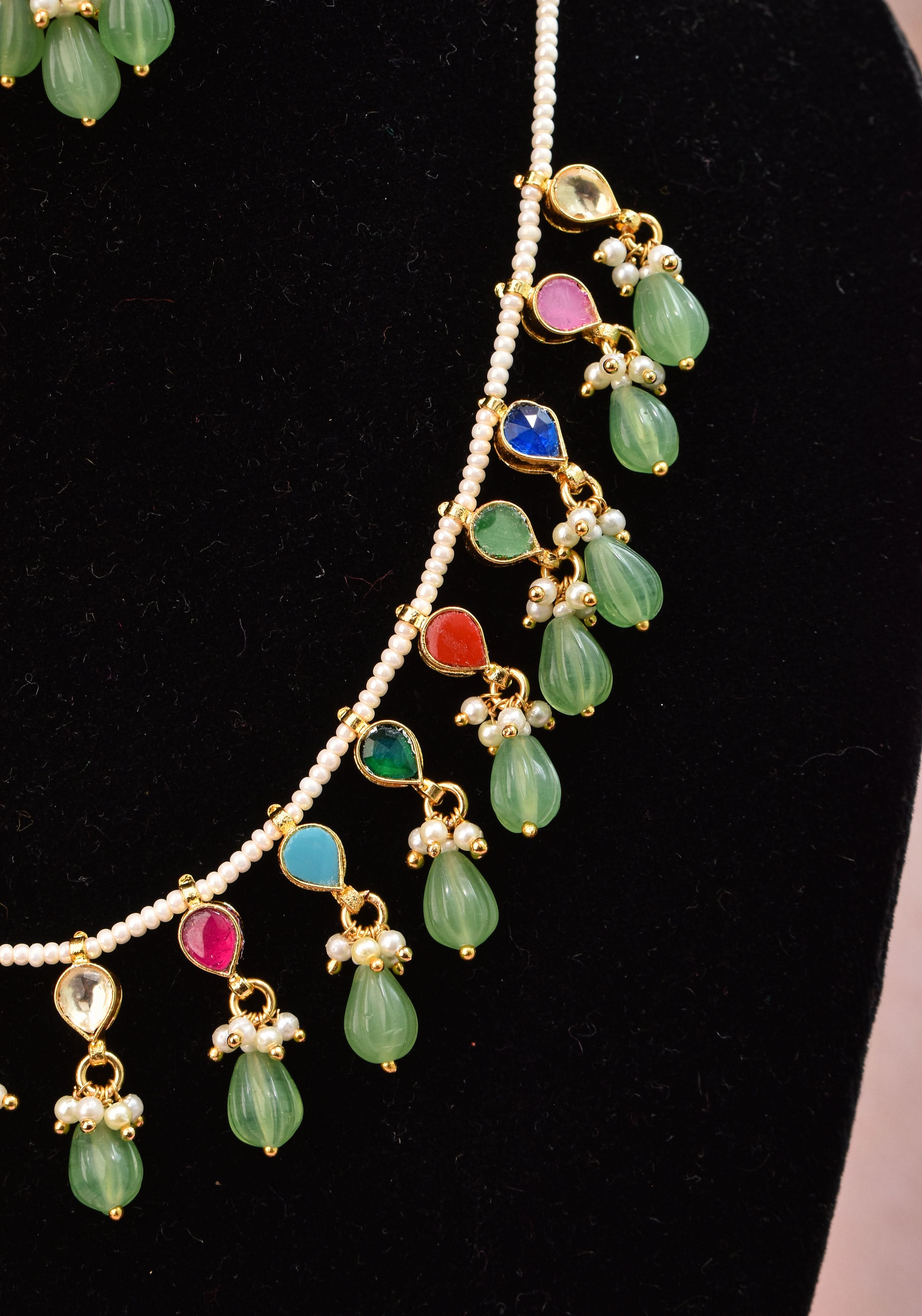 Lightweight Jadau handmade Necklace Set with Dangling Multicolor translucent stones and Matching Earrings | Shobitam Jewelry