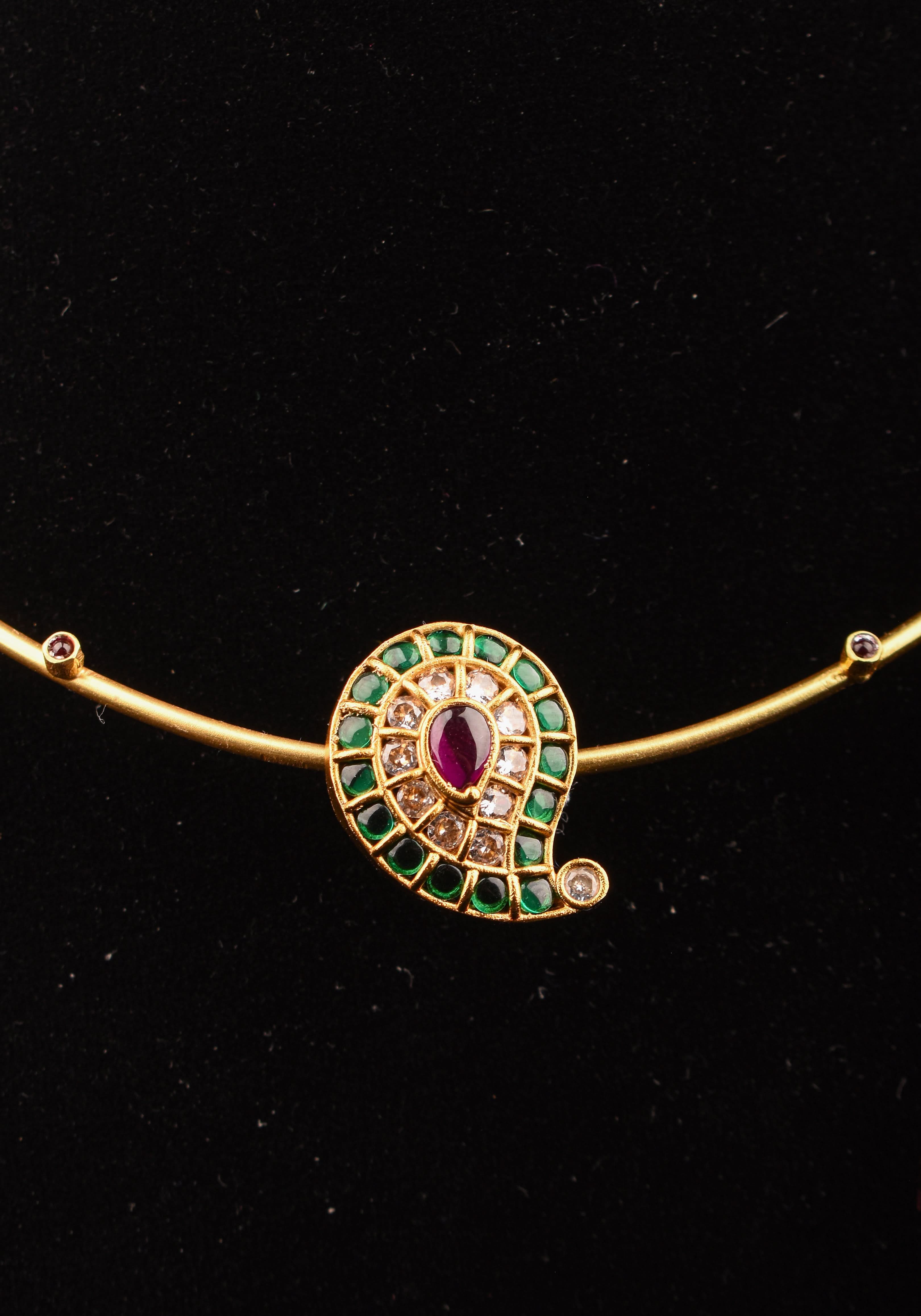 Green Mango Jadau Pendant on Pink stone Wire base Necklace set with pearls dangling beads | Shobitam Jewelry