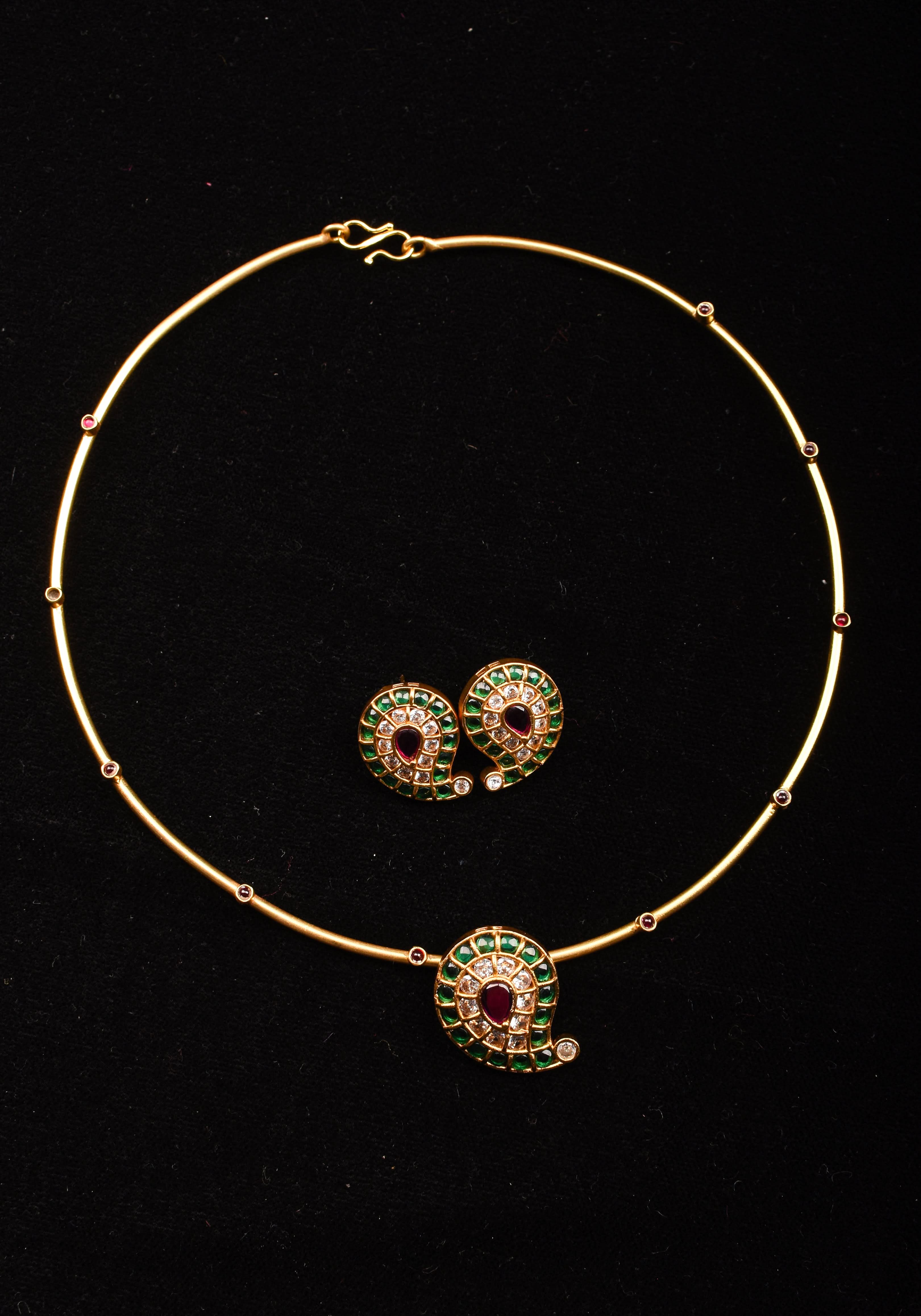 Green Mango Jadau Pendant on Pink stone Wire base Necklace set with pearls dangling beads | Shobitam Jewelry