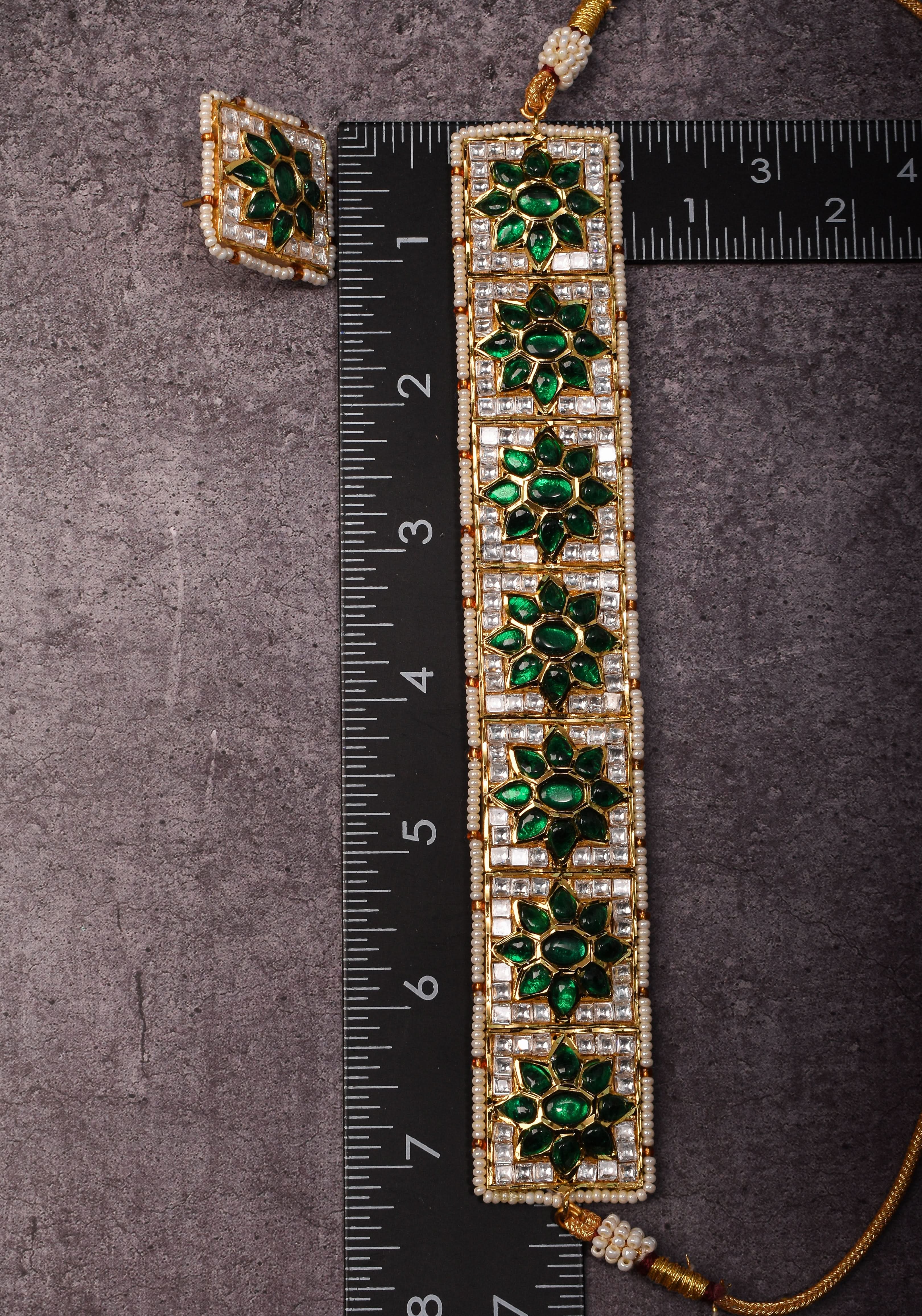 Ahmedabadi Jadau Choker Set in White & Green  Stones | Shobitam Jewelry