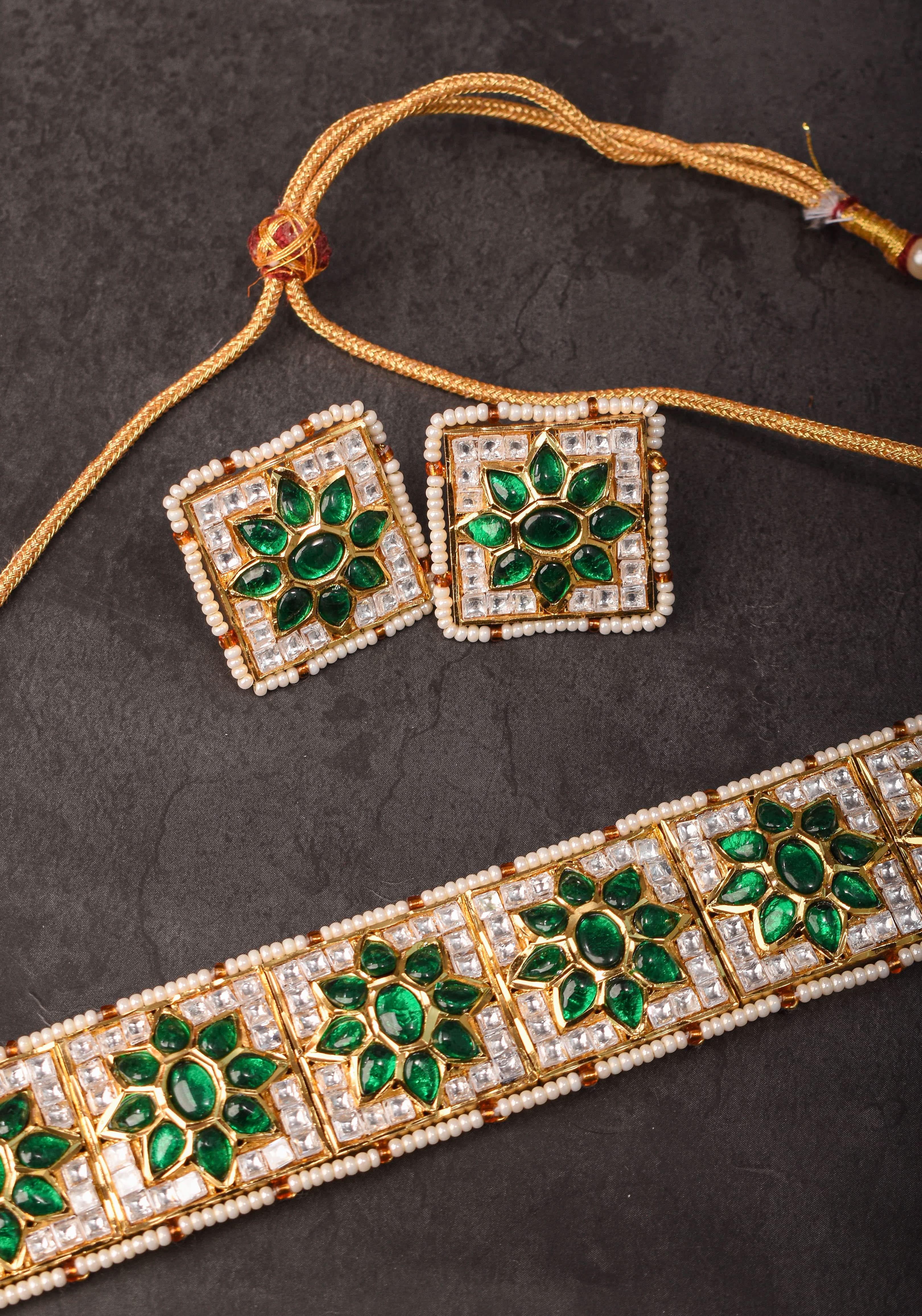 Ahmedabadi Jadau Choker Set in White & Green  Stones | Shobitam Jewelry