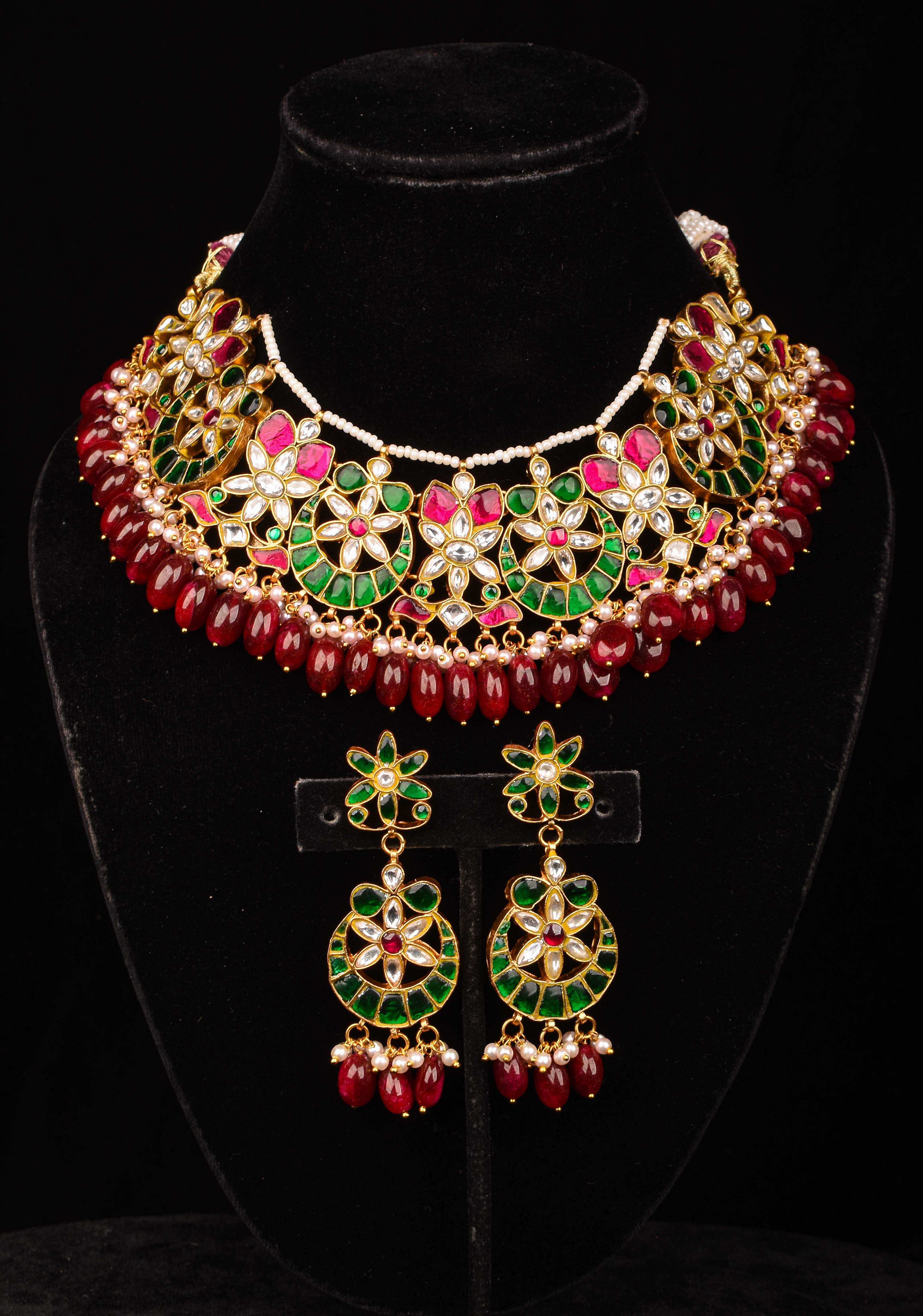 Celestial Ahmedabadi Jadau Necklace and Earrings Set with maroon dangling stones. | SHOBITAM