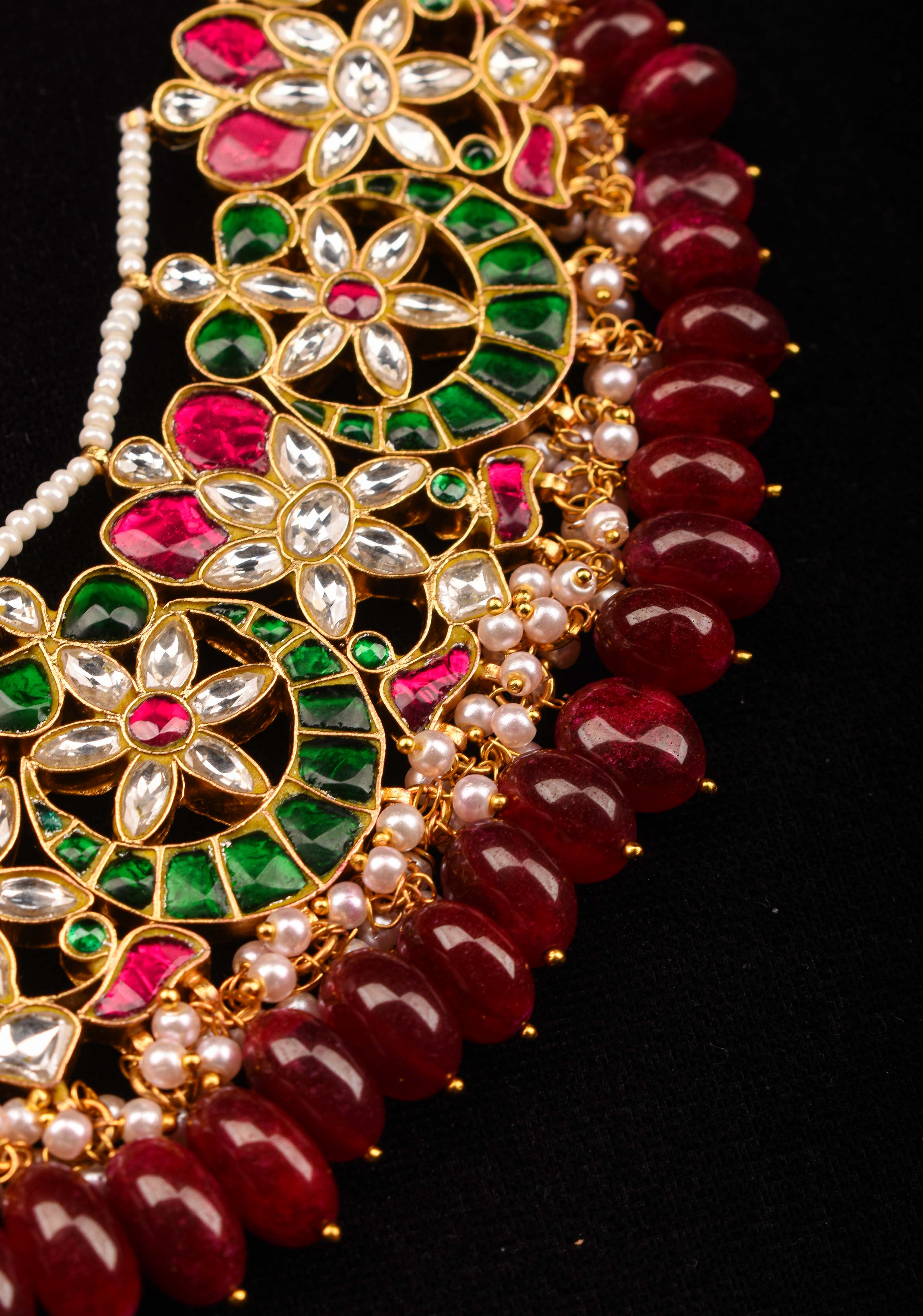 Celestial Ahmedabadi Jadau Necklace and Earrings Set with maroon dangling stones. | SHOBITAM