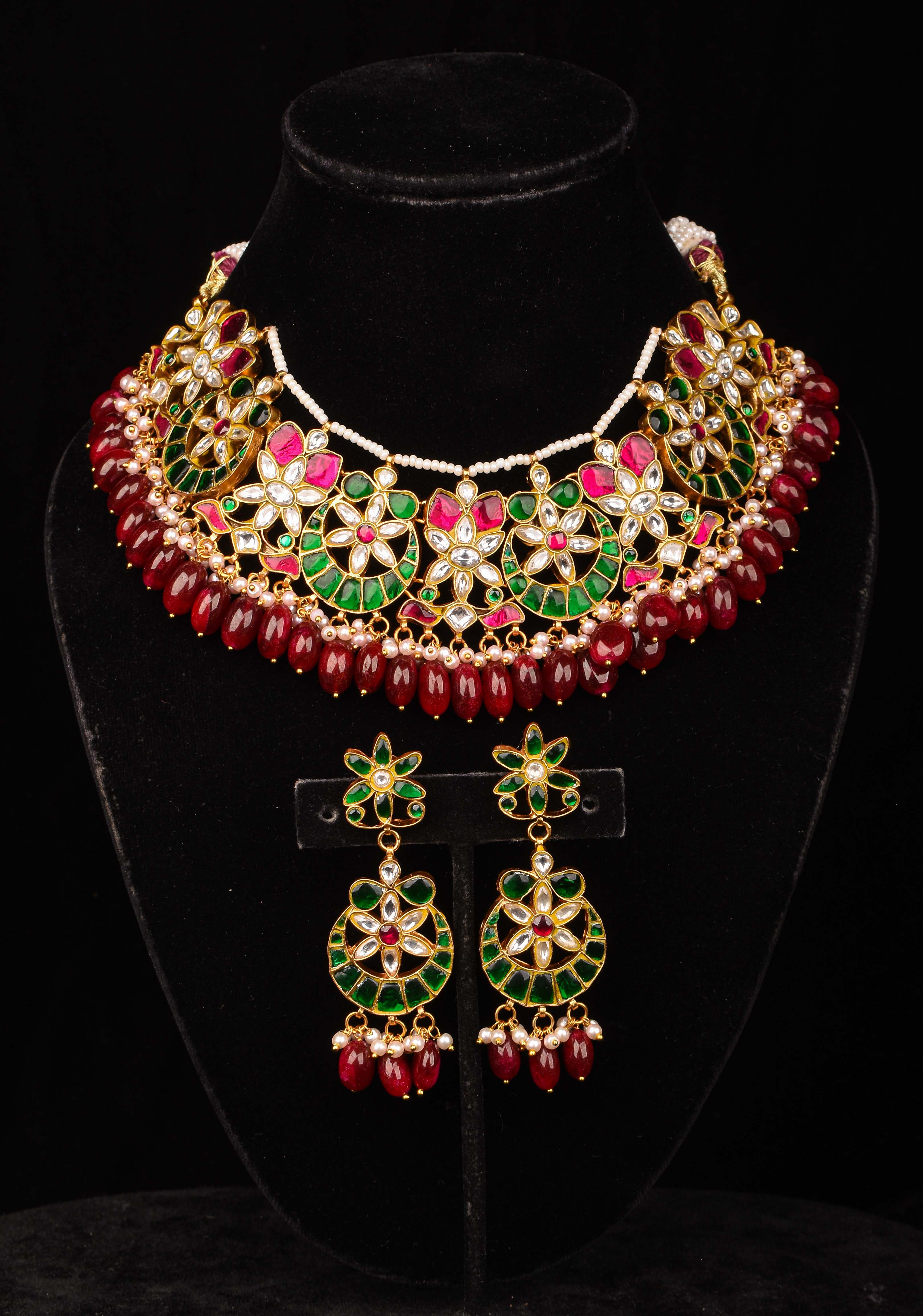 Celestial Ahmedabadi Jadau Necklace and Earrings Set with maroon dangling stones. | SHOBITAM