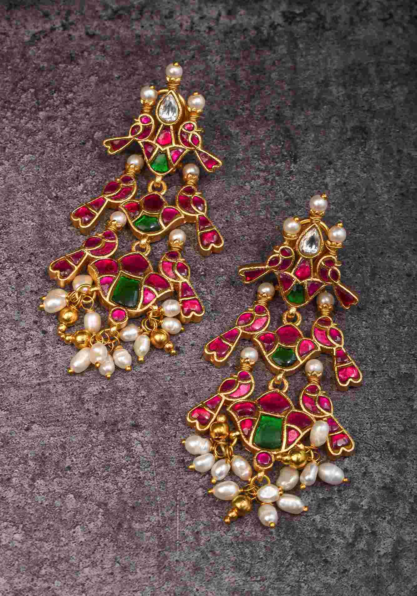 Layered Pink & Green Stone Peacock Earrings with Dangling White Beads