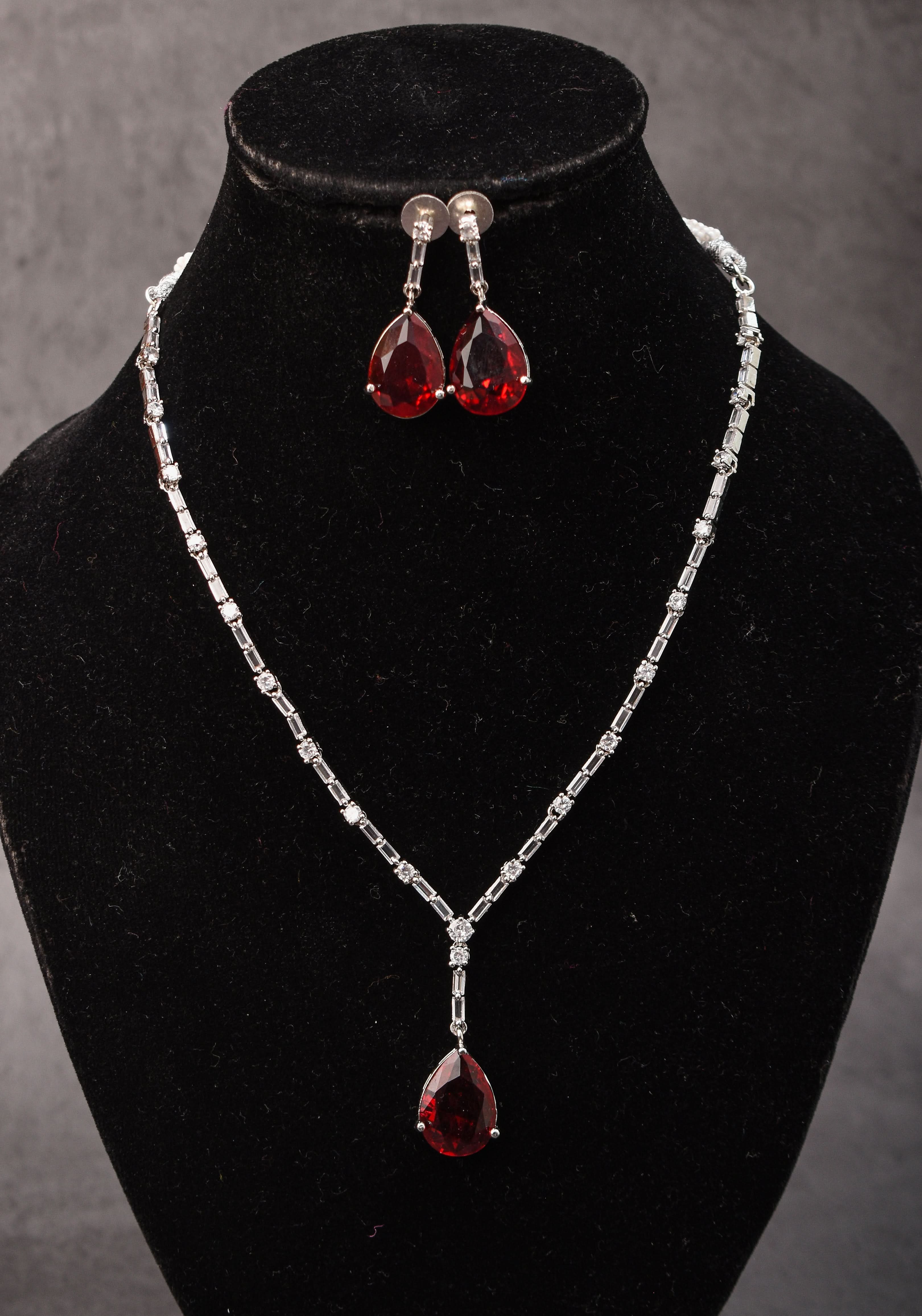 Celebrity-Inspired Ruby CZ Stone Drop Necklace and Earring | Shobitam Jewelry