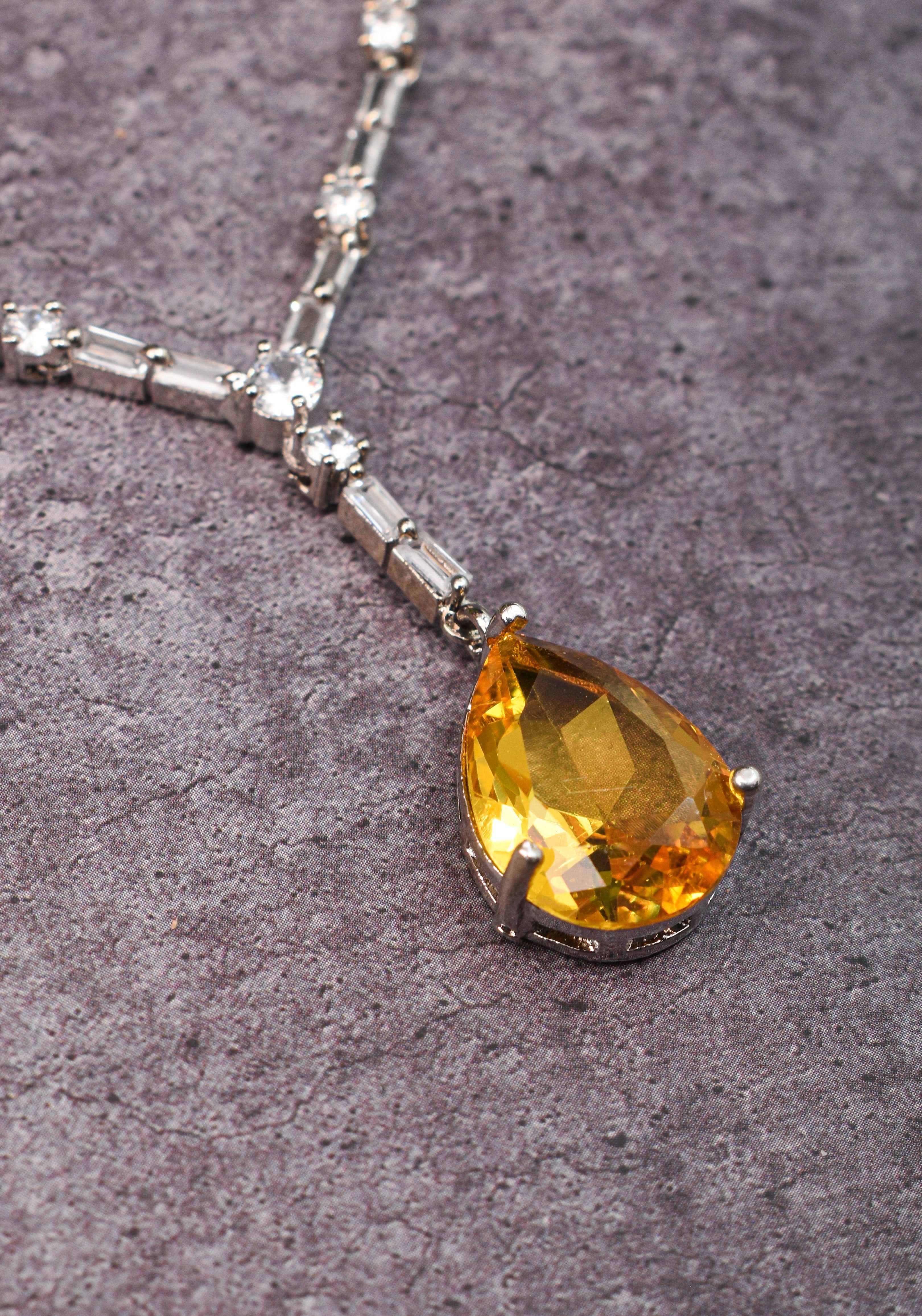 Celebrity-Inspired Yellow CZ Stone Drop Necklace and Earring | Shobitam Jewelry