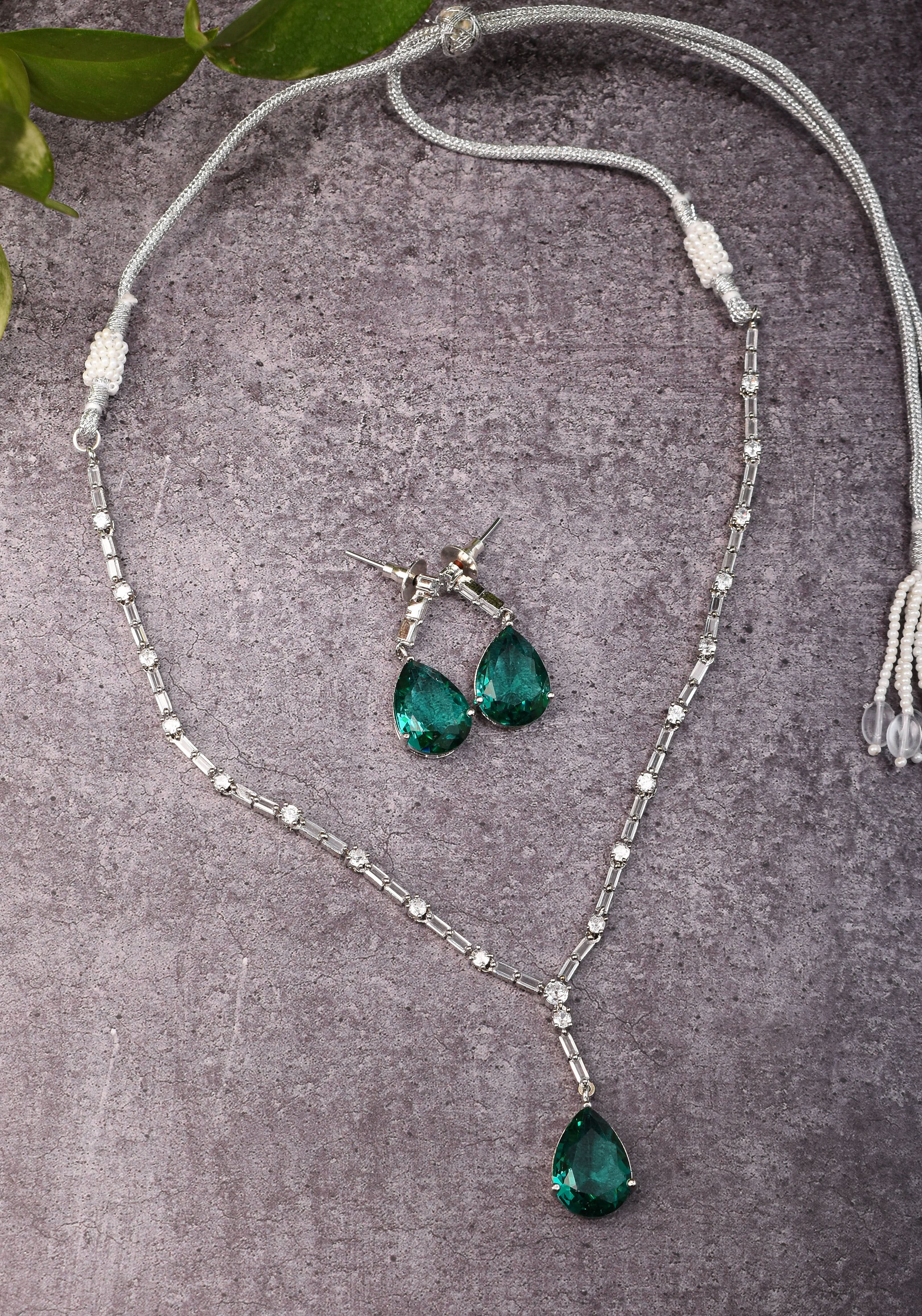 Celebrity-Inspired Emerald green Emerald green CZ Stone Drop Necklace and Earring | Shobitam Jewelry