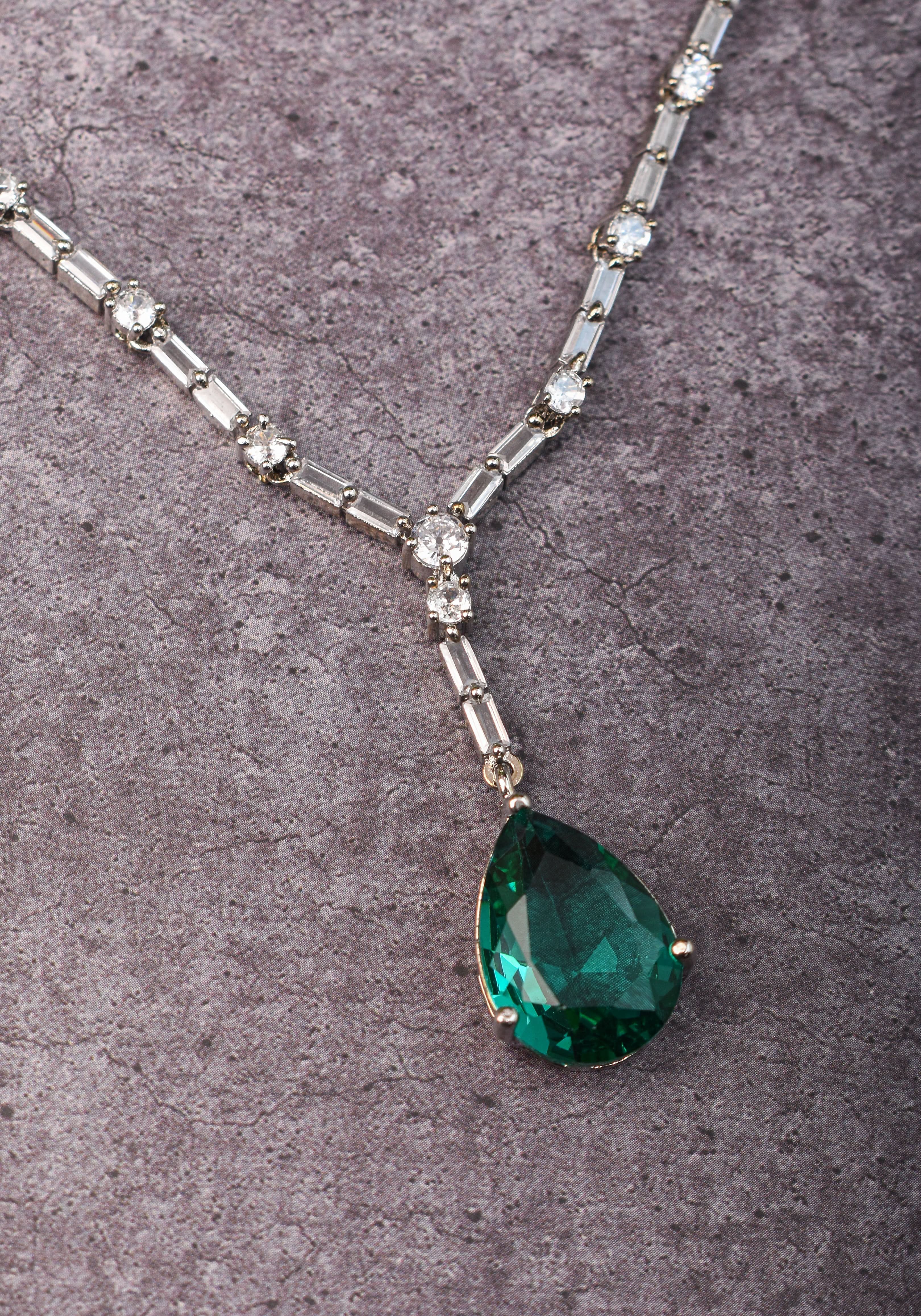 Celebrity-Inspired Emerald green Emerald green CZ Stone Drop Necklace and Earring | Shobitam Jewelry