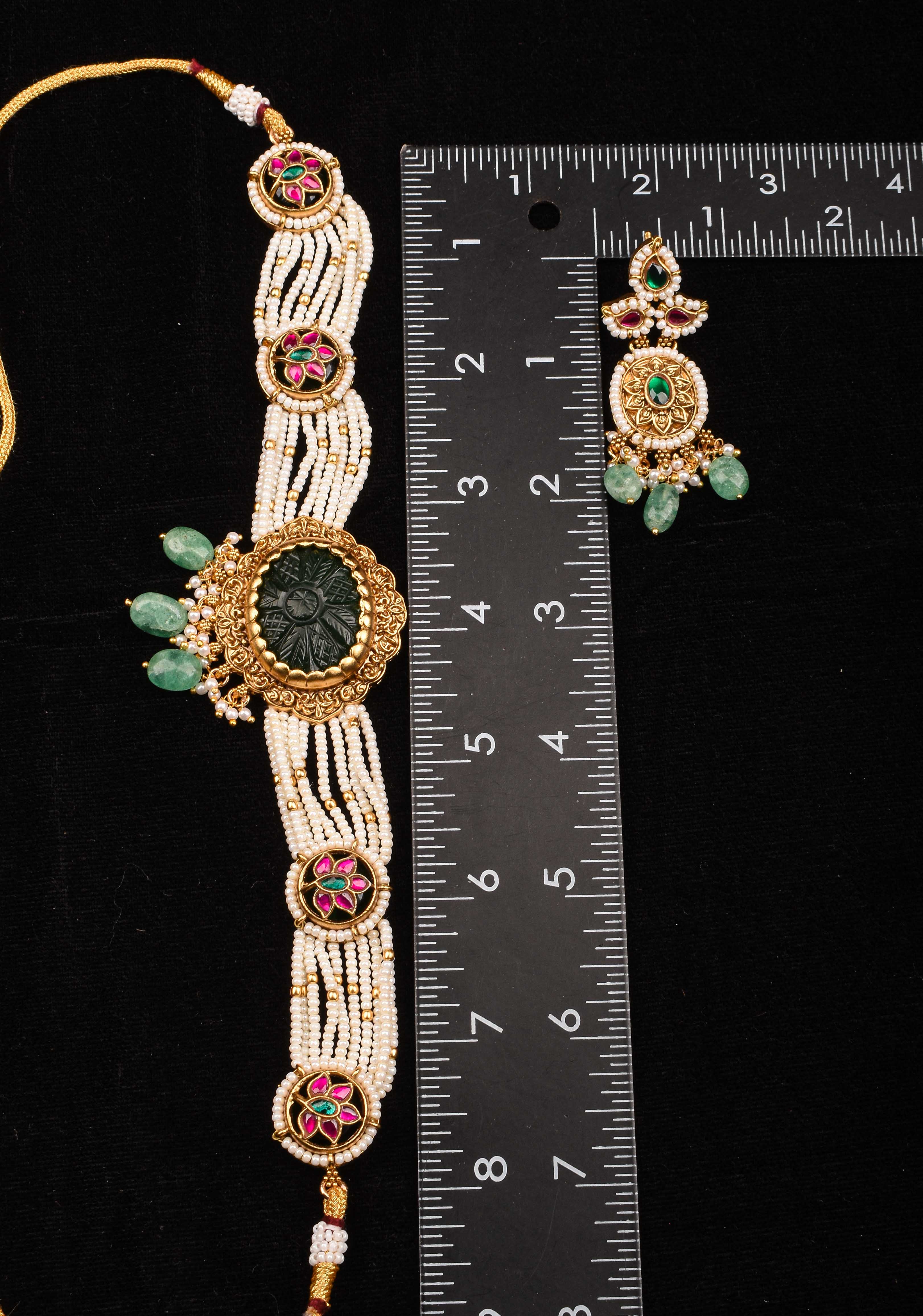 Antique Jadu Choker Set With Green Carved Stone  | Shobitam Jewelry