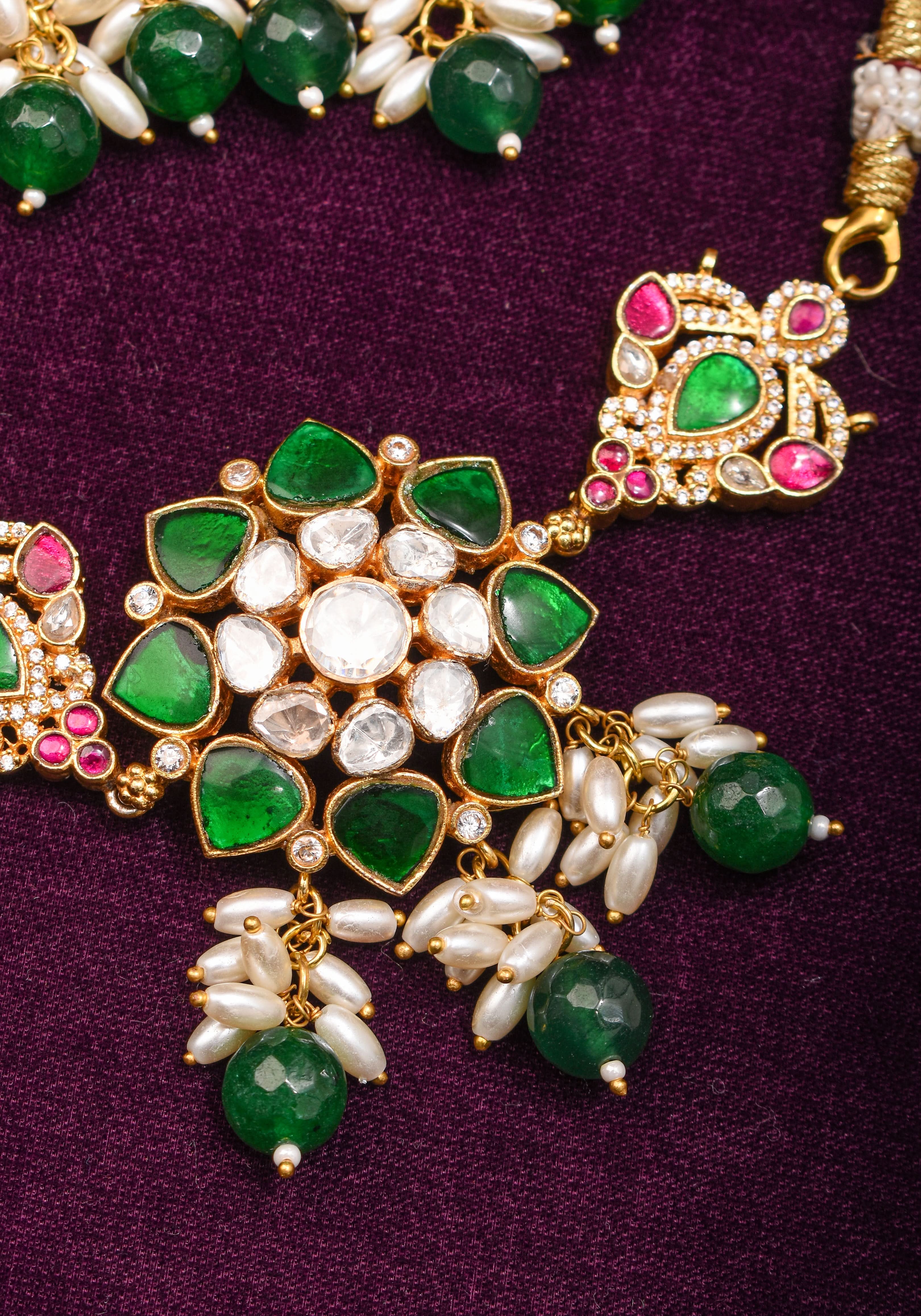 Pink And Green Stone Mini Choker and Chandelier earrings with rice pearls | Shobitam