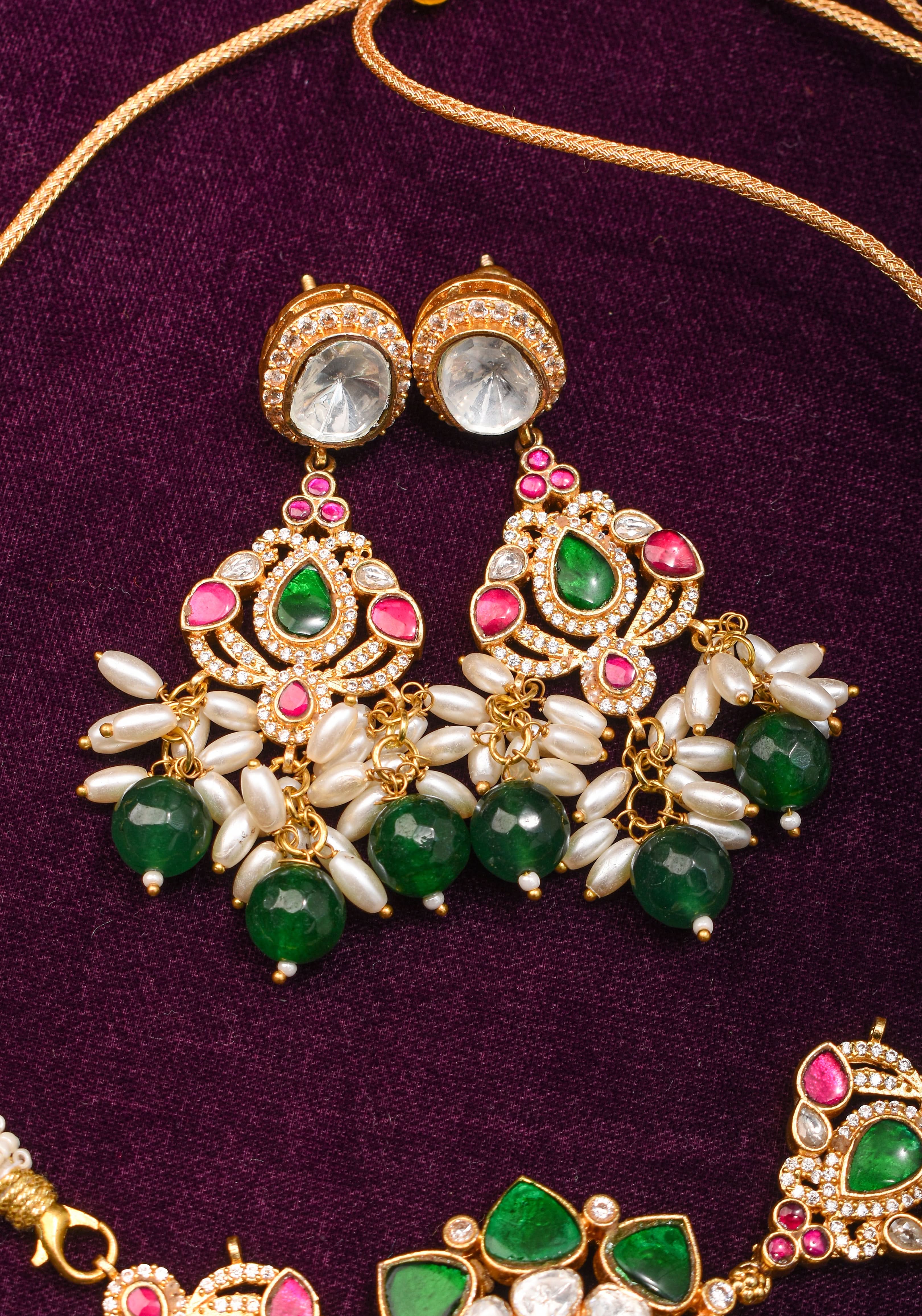 Pink And Green Stone Mini Choker and Chandelier earrings with rice pearls | Shobitam