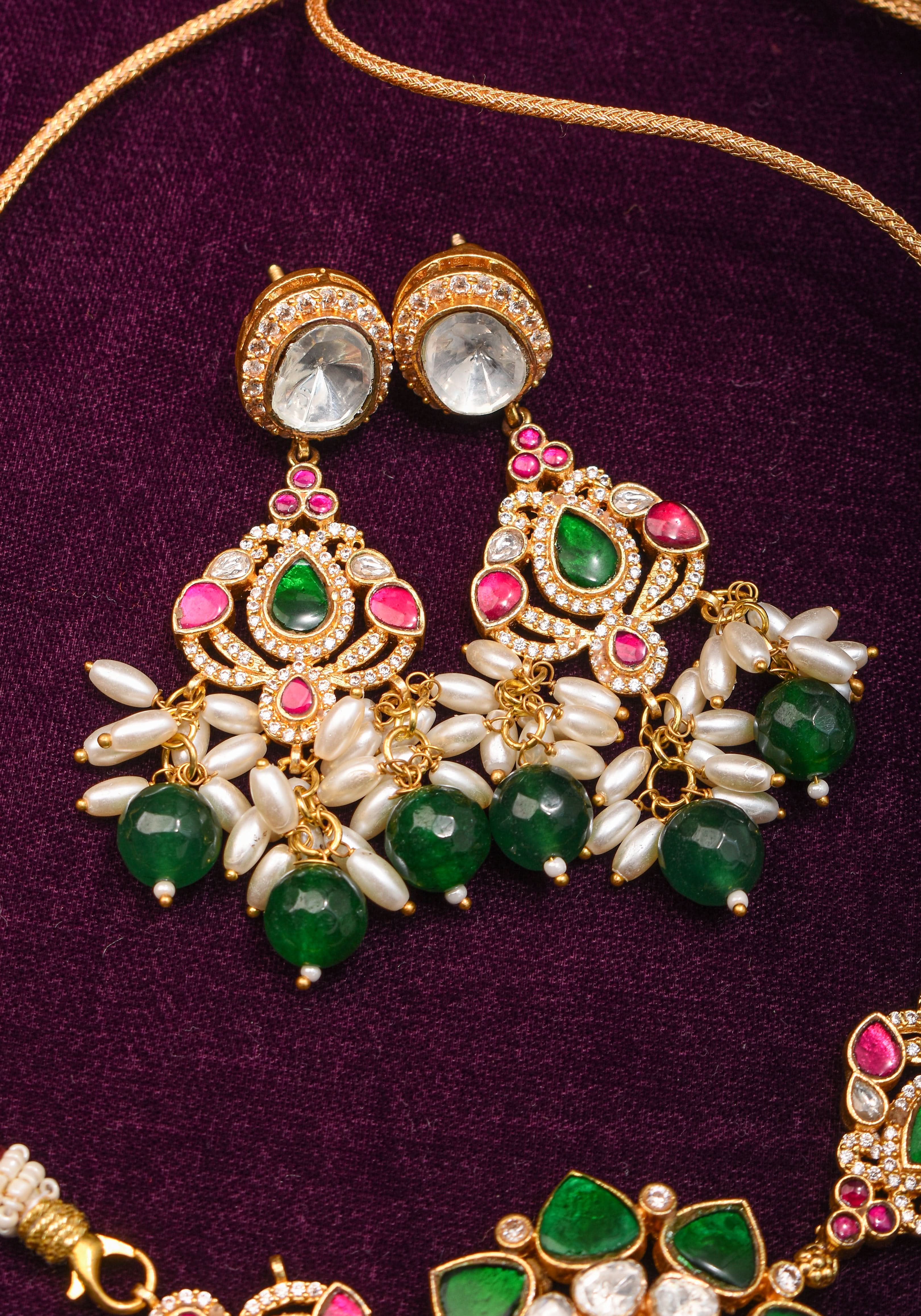 Pink And Green Stone Mini Choker and Chandelier earrings with rice pearls | Shobitam