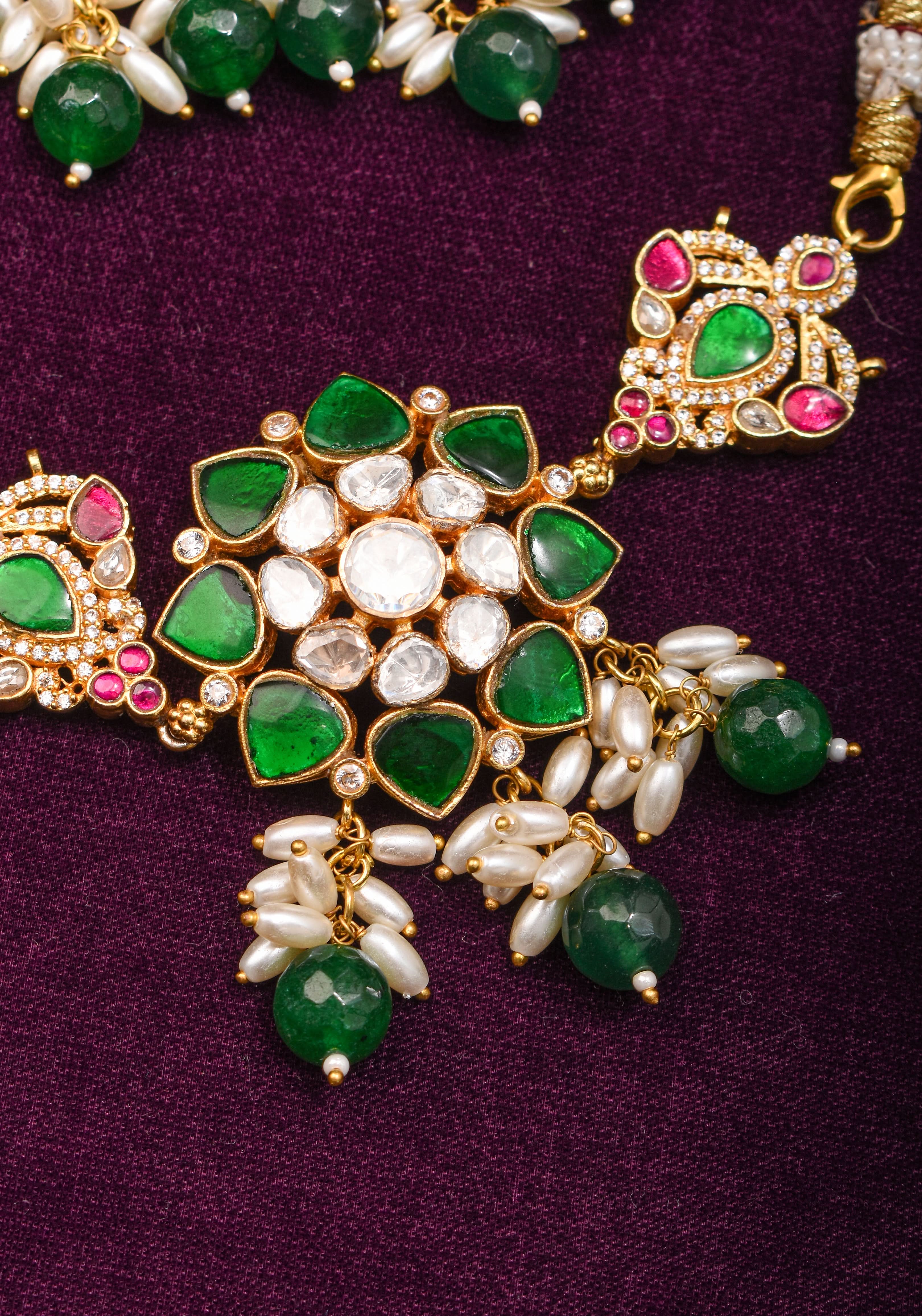 Pink And Green Stone Mini Choker and Chandelier earrings with rice pearls | Shobitam