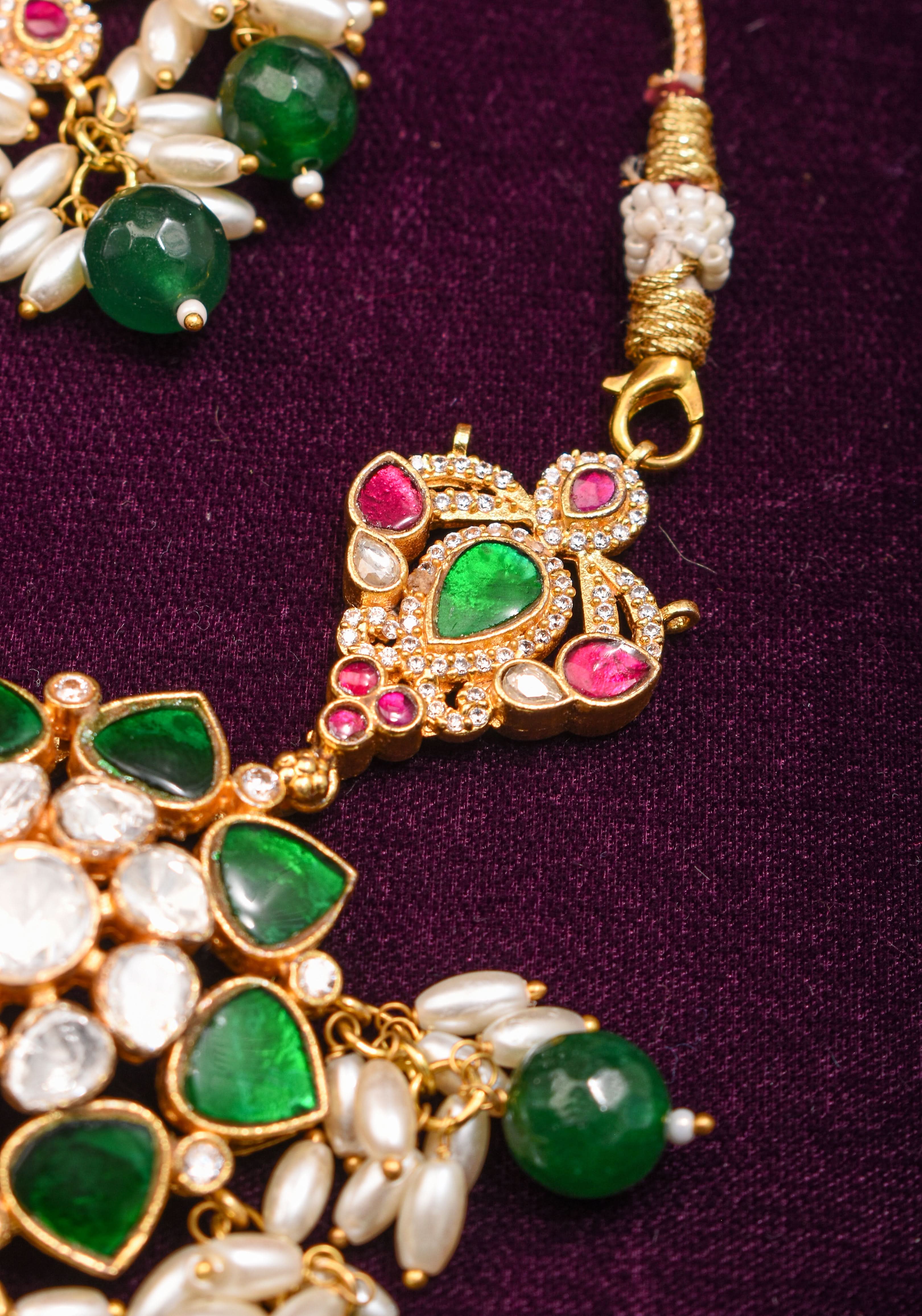 Pink And Green Stone Mini Choker and Chandelier earrings with rice pearls | Shobitam