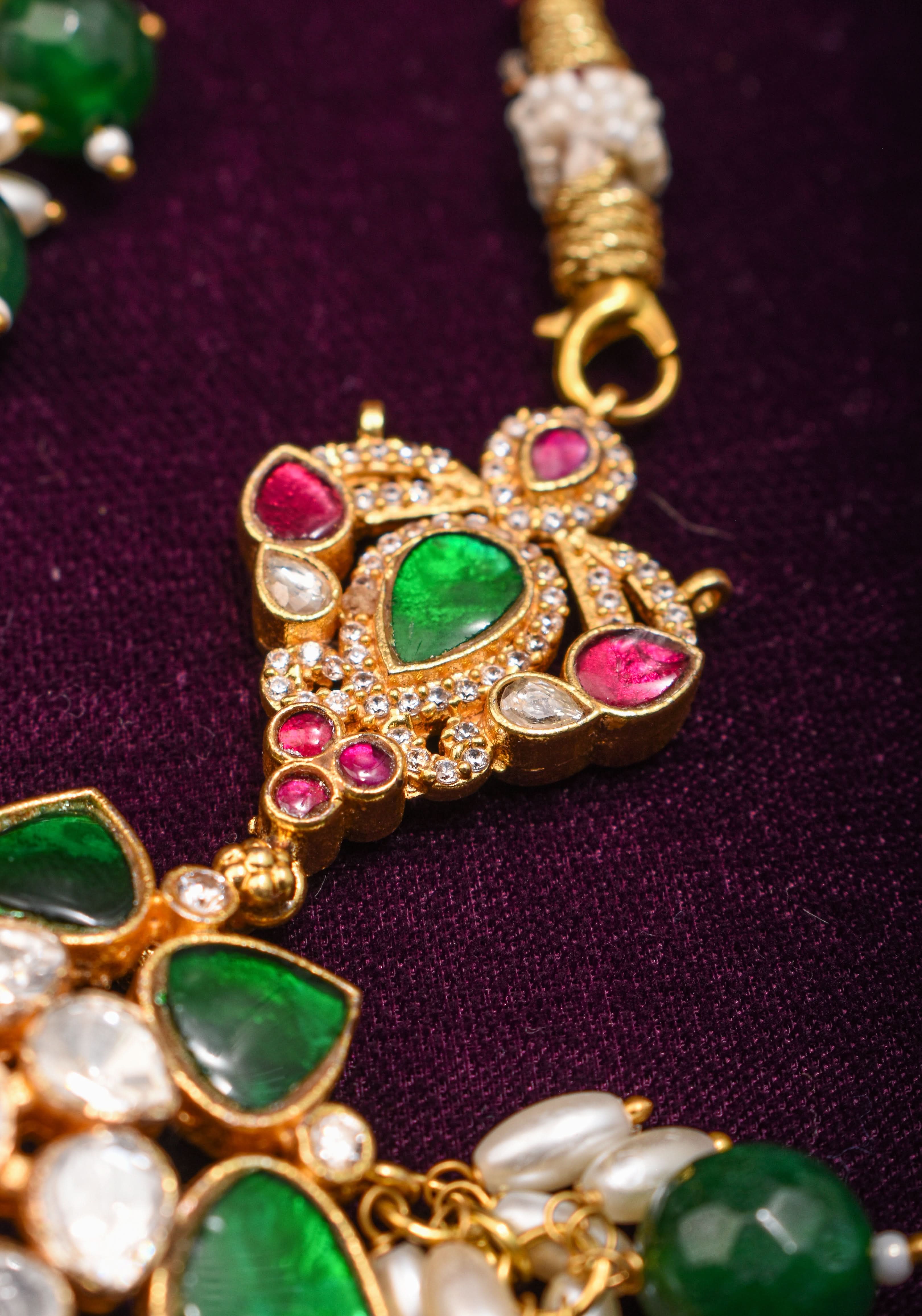 Pink And Green Stone Mini Choker and Chandelier earrings with rice pearls | Shobitam