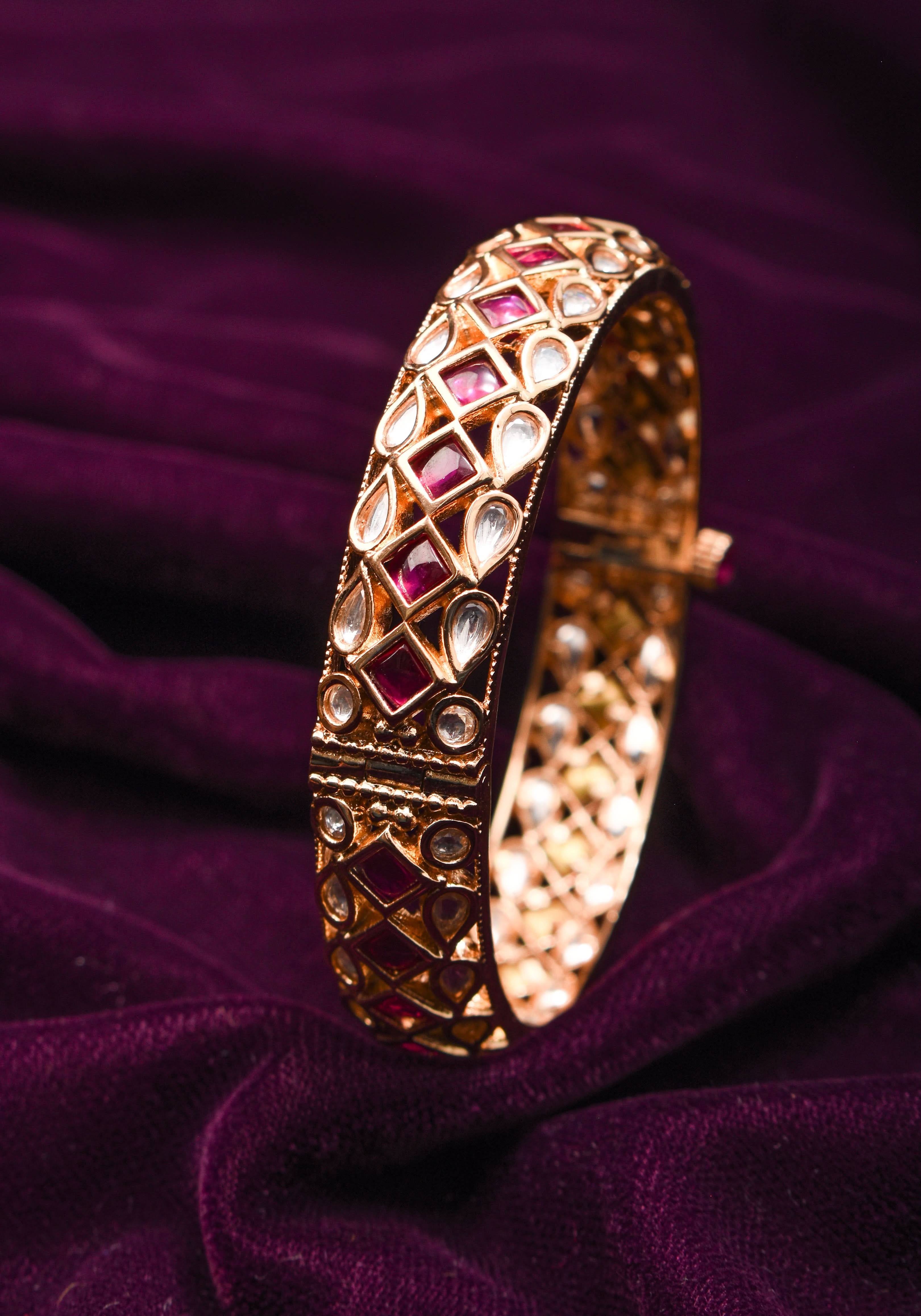 White and Pink Kemp Stone Studded Openable kada - Single Piece |Shobitam Jewelry