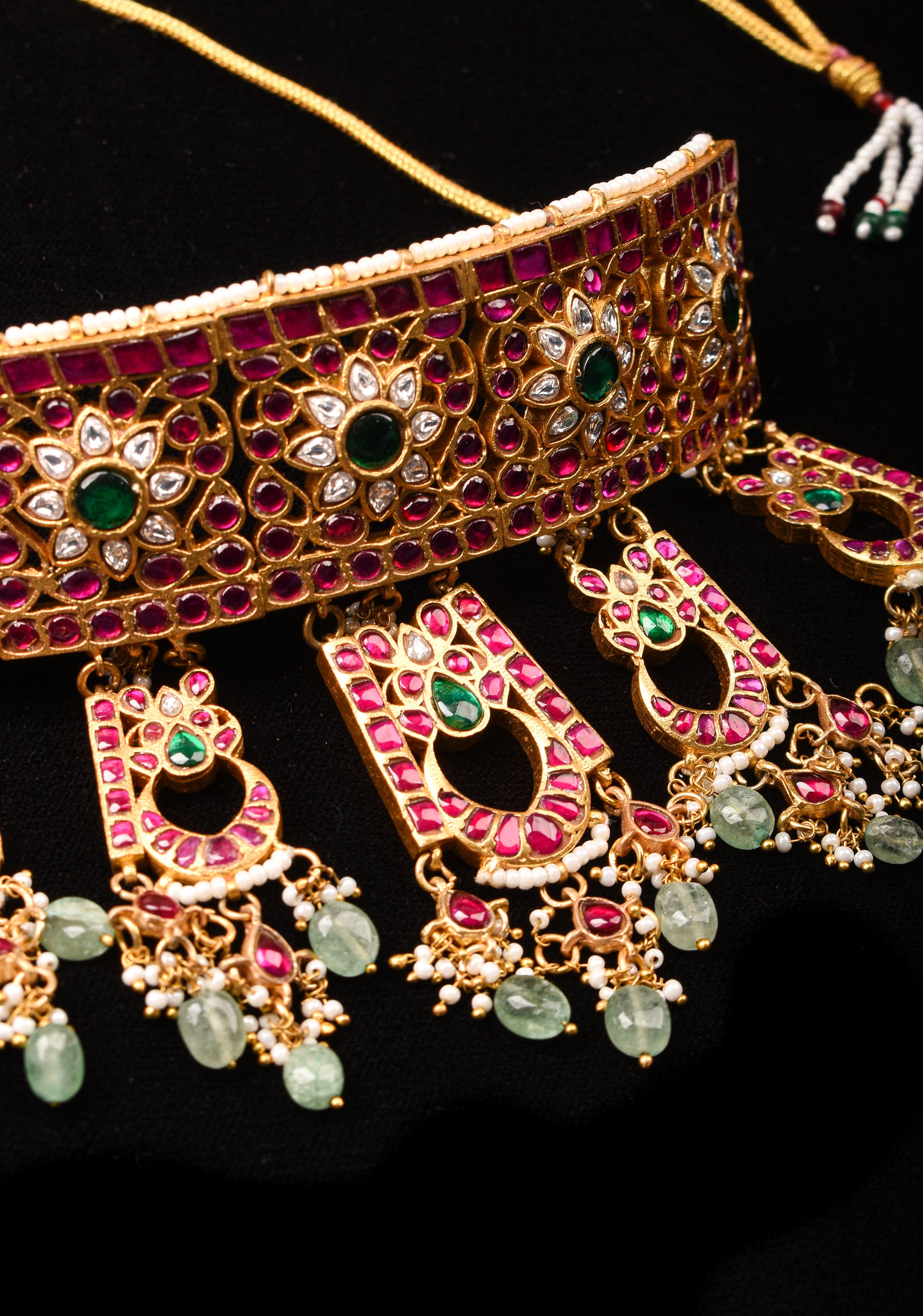 Regal Blossoms: Layered Raajwadi Choker with Jadau Floral Design (No Earrings)| Shobitam Jewelry