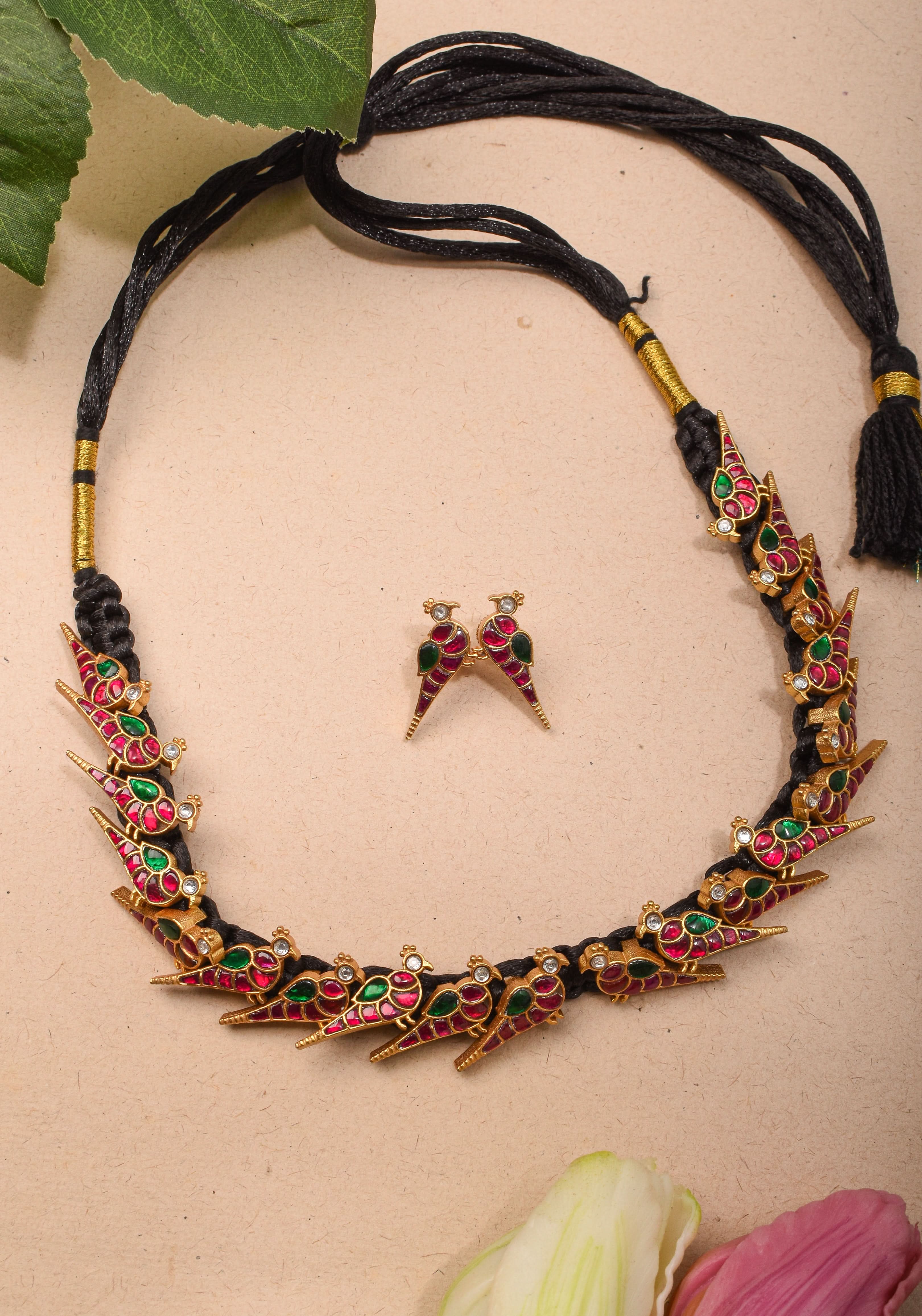 Peacock Choker Set With Kundan Stone in Black Thread And Matching Earrings | SHOBITAM