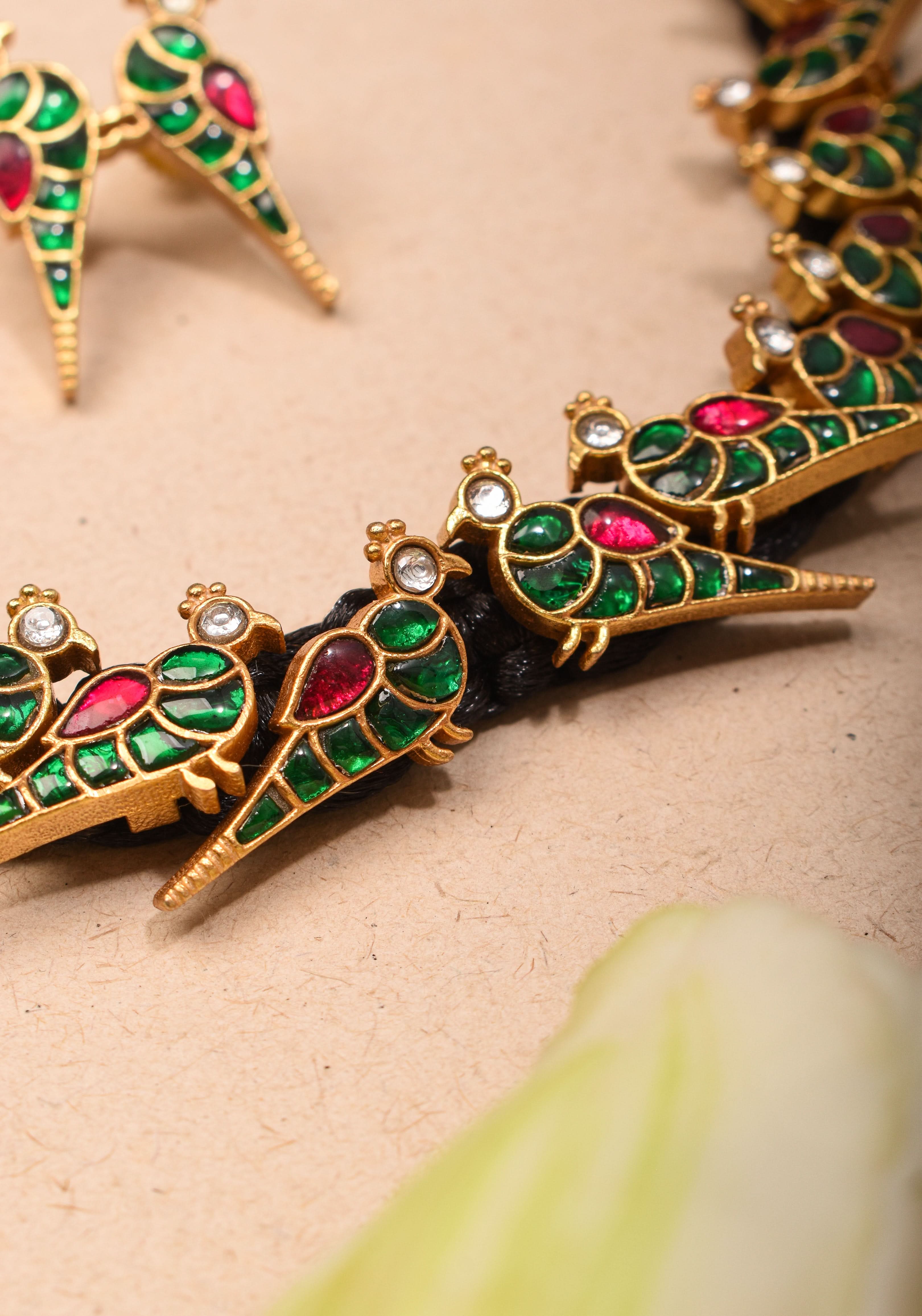 Peacock Choker Set With Kundan Stone in Black Thread And Matching Earrings | Shobitam