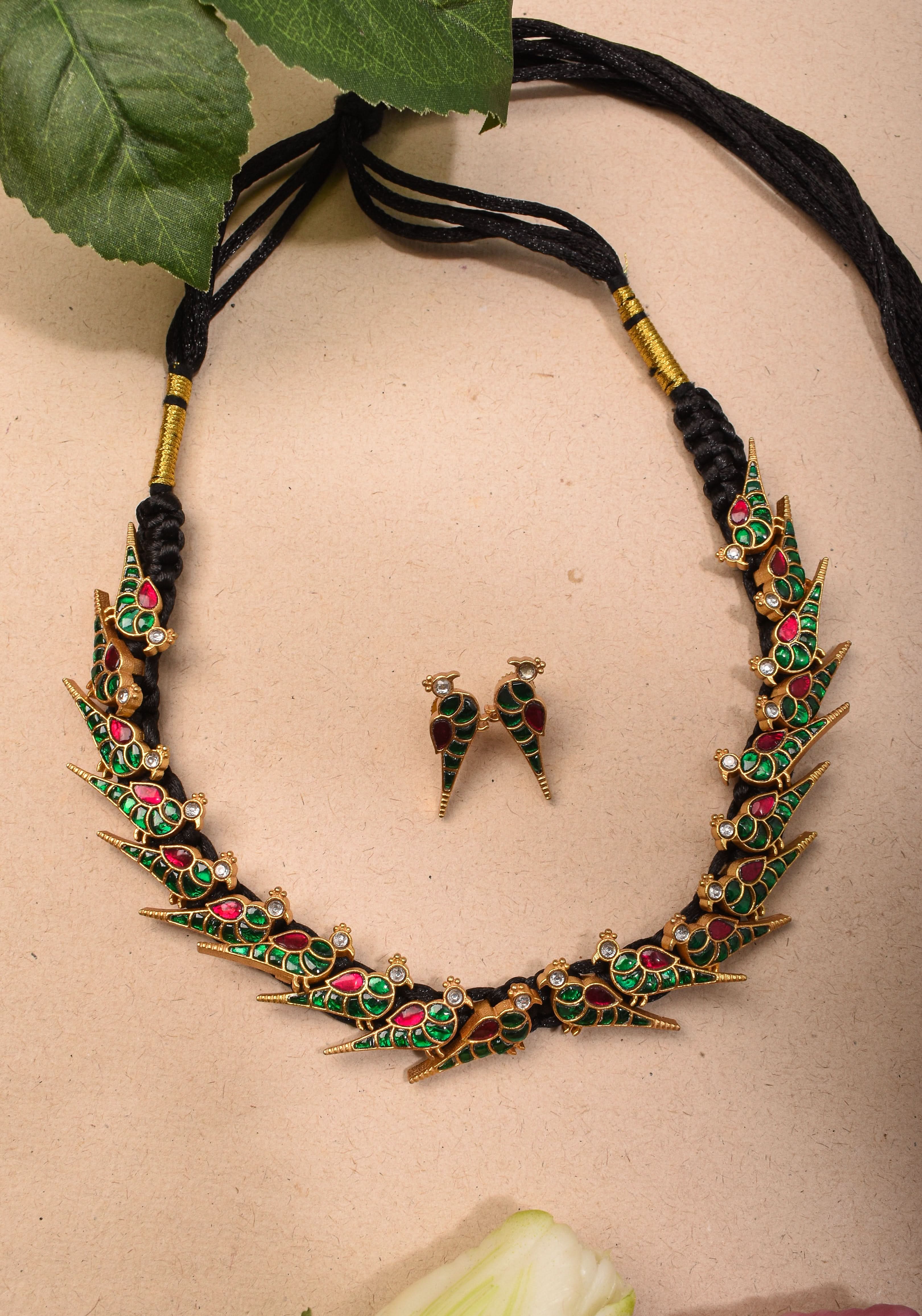 Peacock Choker Set With Kundan Stone in Black Thread And Matching Earrings | Shobitam