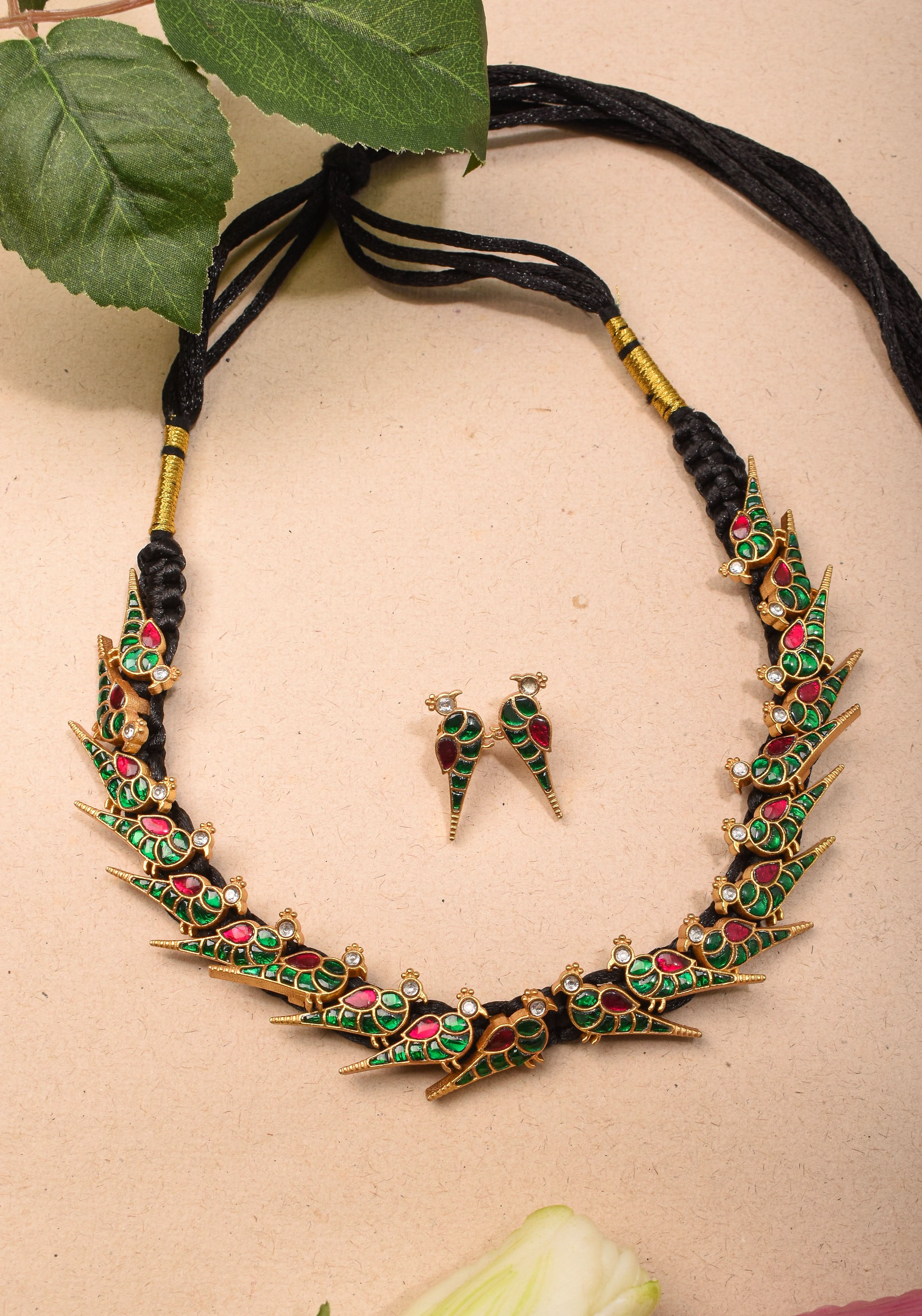 Peacock Choker Set With Kundan Stone in Black Thread And Matching Earrings | Shobitam