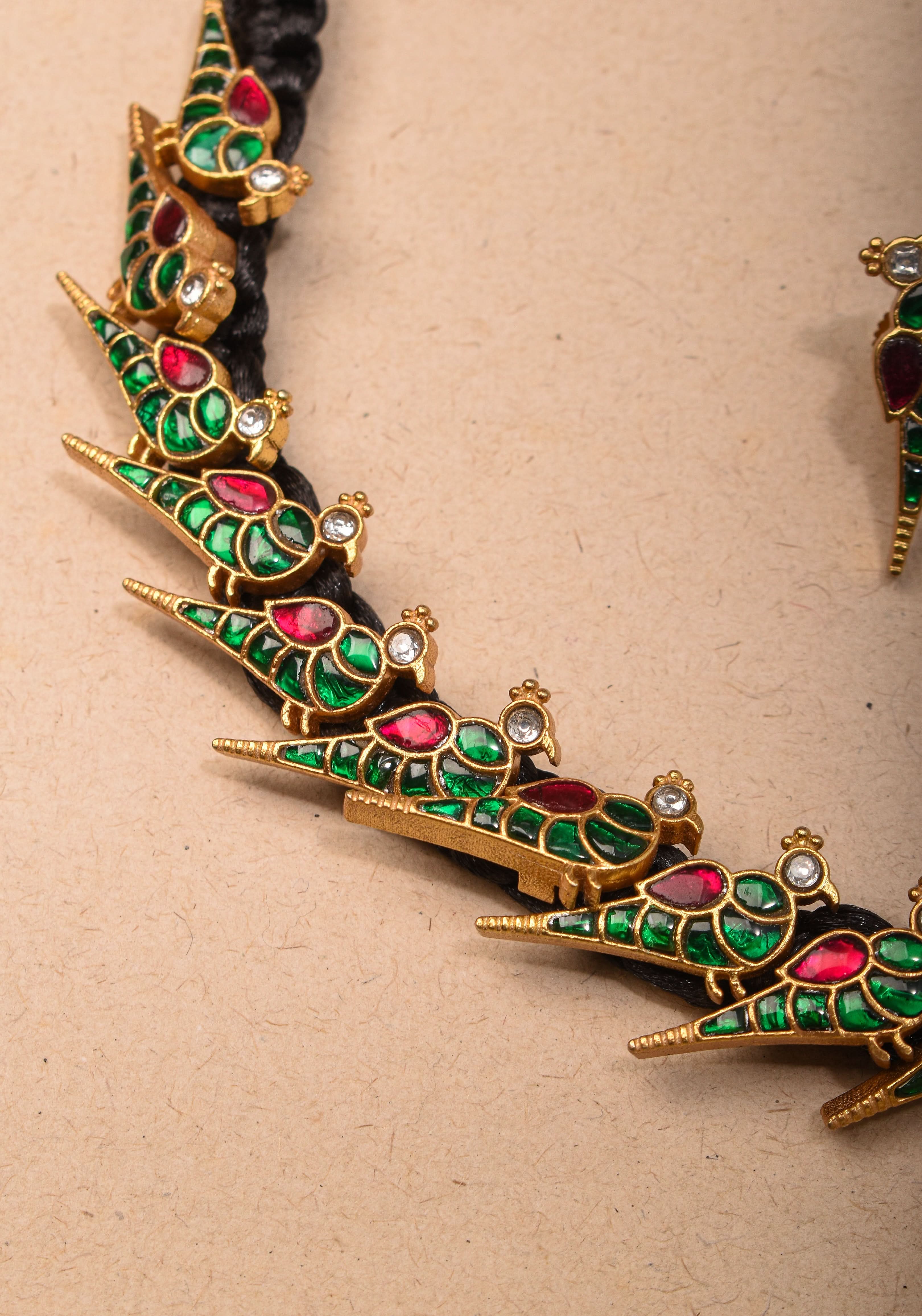 Peacock Choker Set With Kundan Stone in Black Thread And Matching Earrings | Shobitam