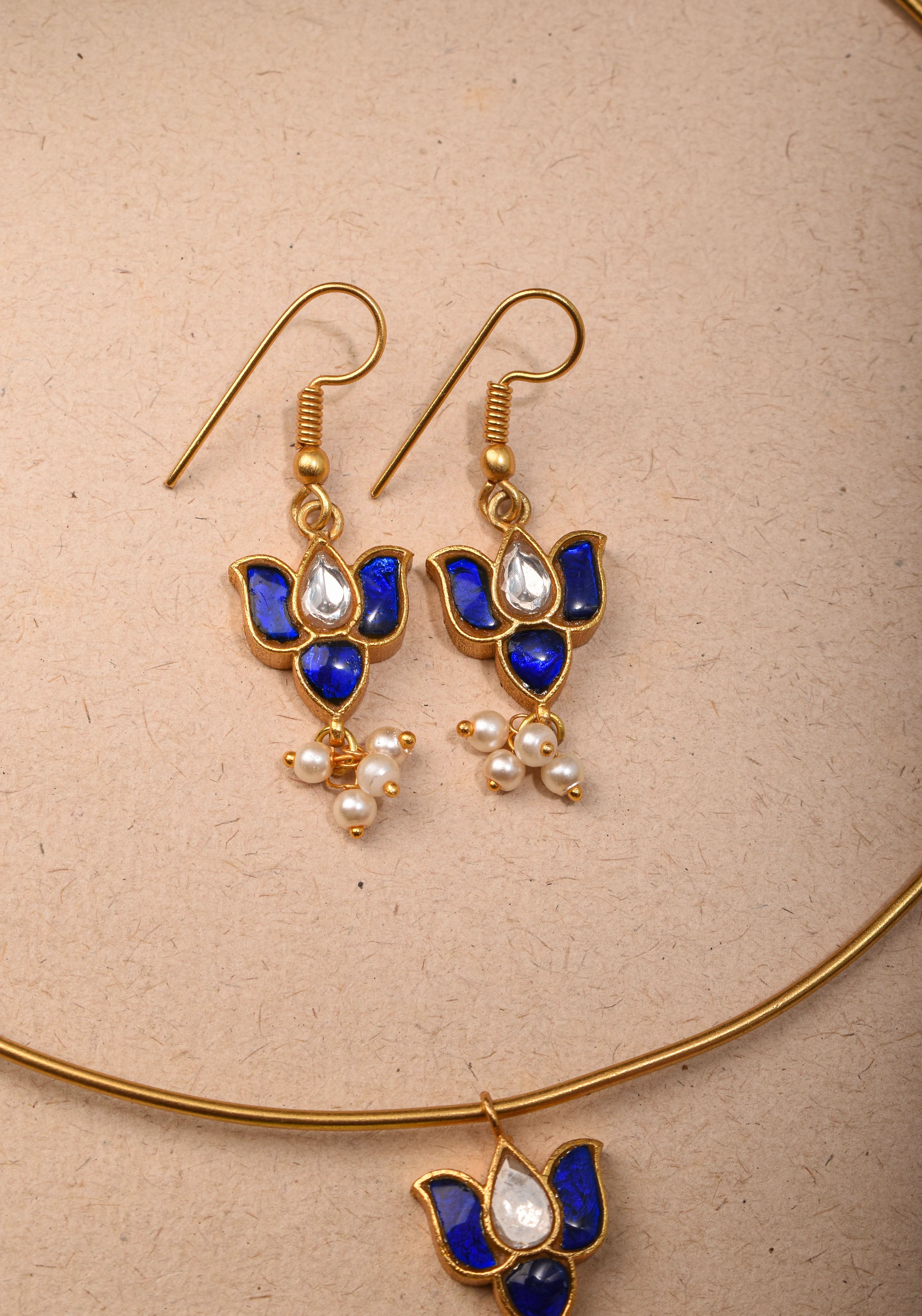 Double Lotus Minimalistic Wire base necklace and earring Set in Blue and White Stones | Shobitam Jewelry