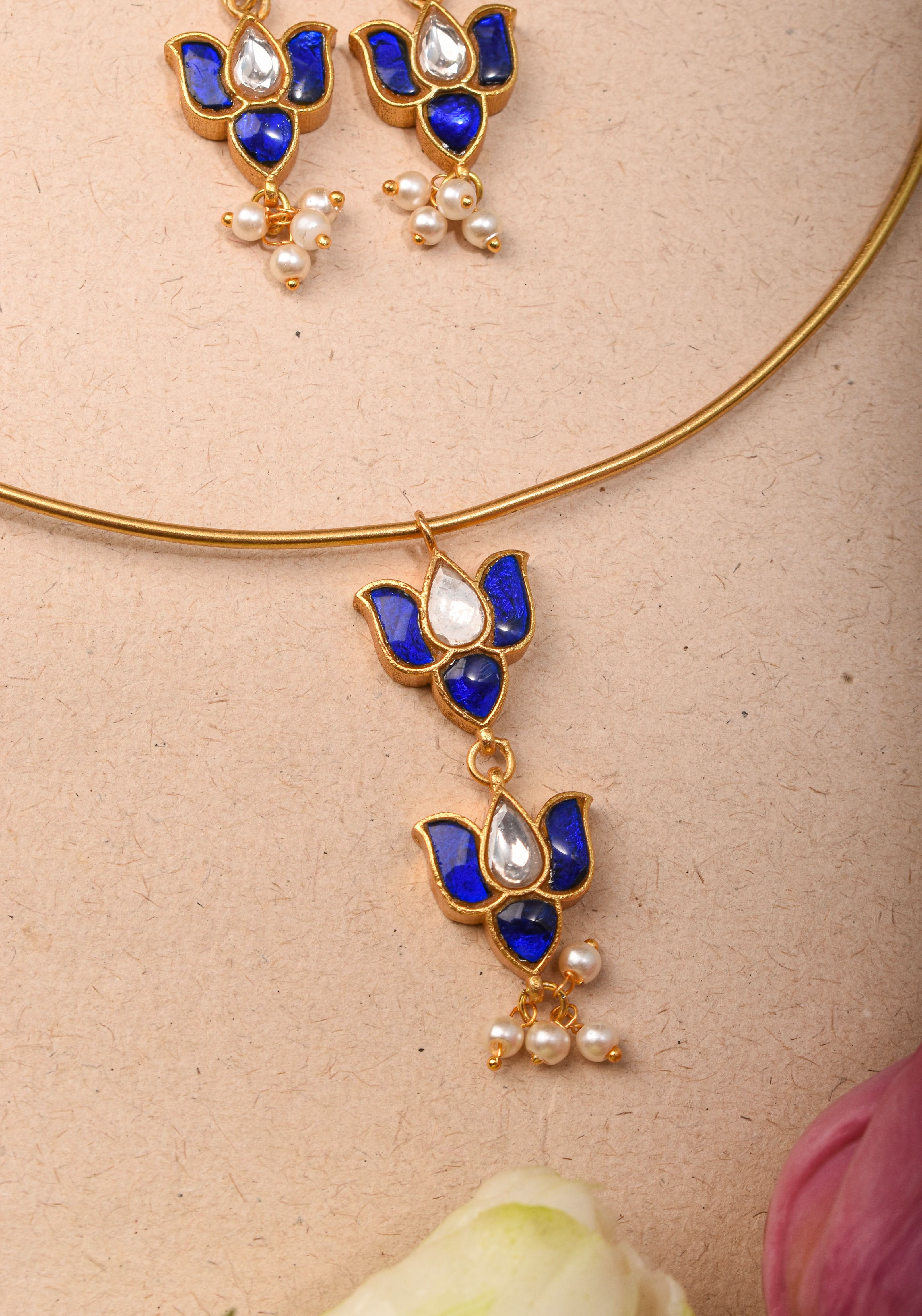 Double Lotus Minimalistic Wire base necklace and earring Set in Blue and White Stones | Shobitam Jewelry