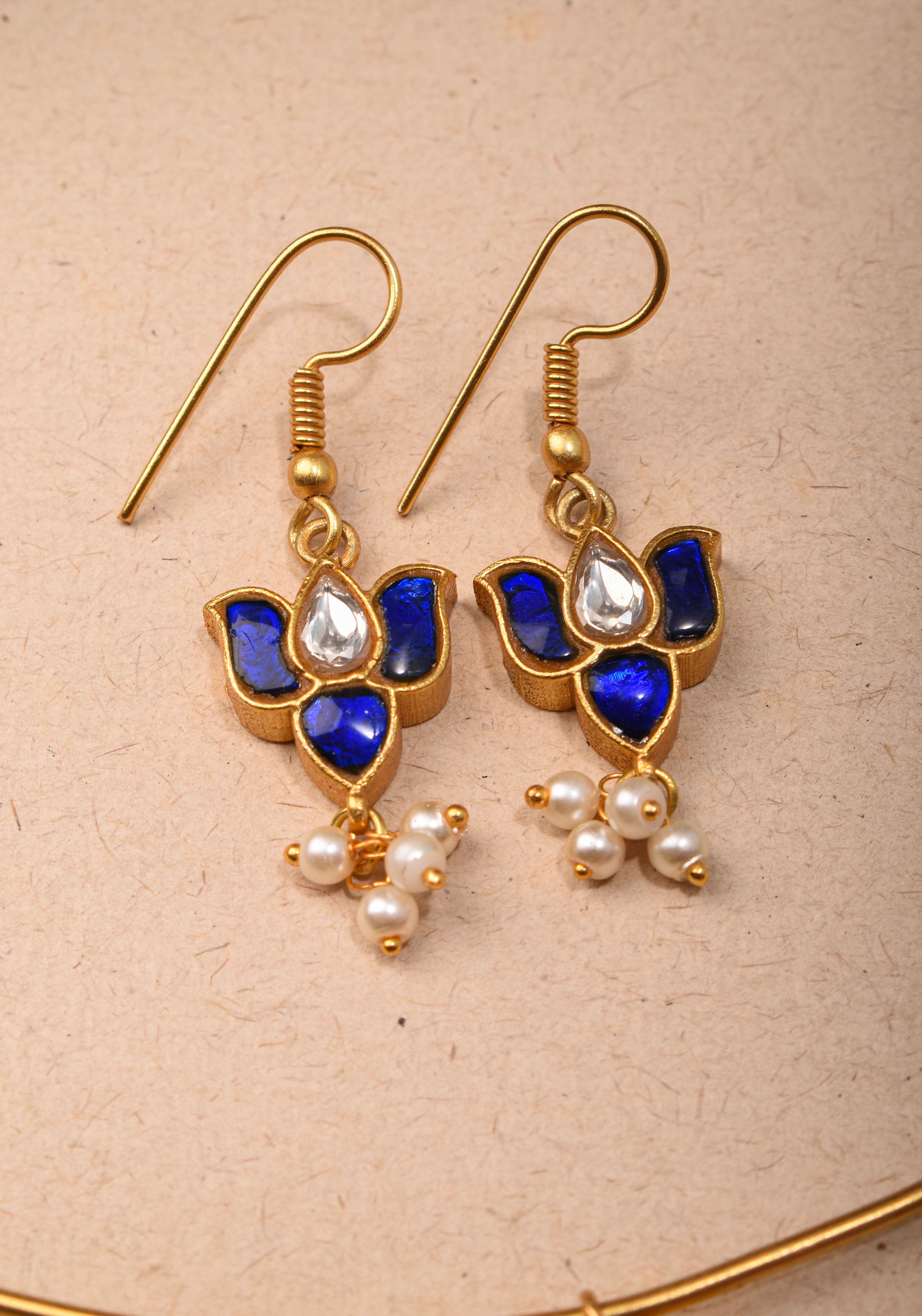 Double Lotus Minimalistic Wire base necklace and earring Set in Blue and White Stones | Shobitam Jewelry