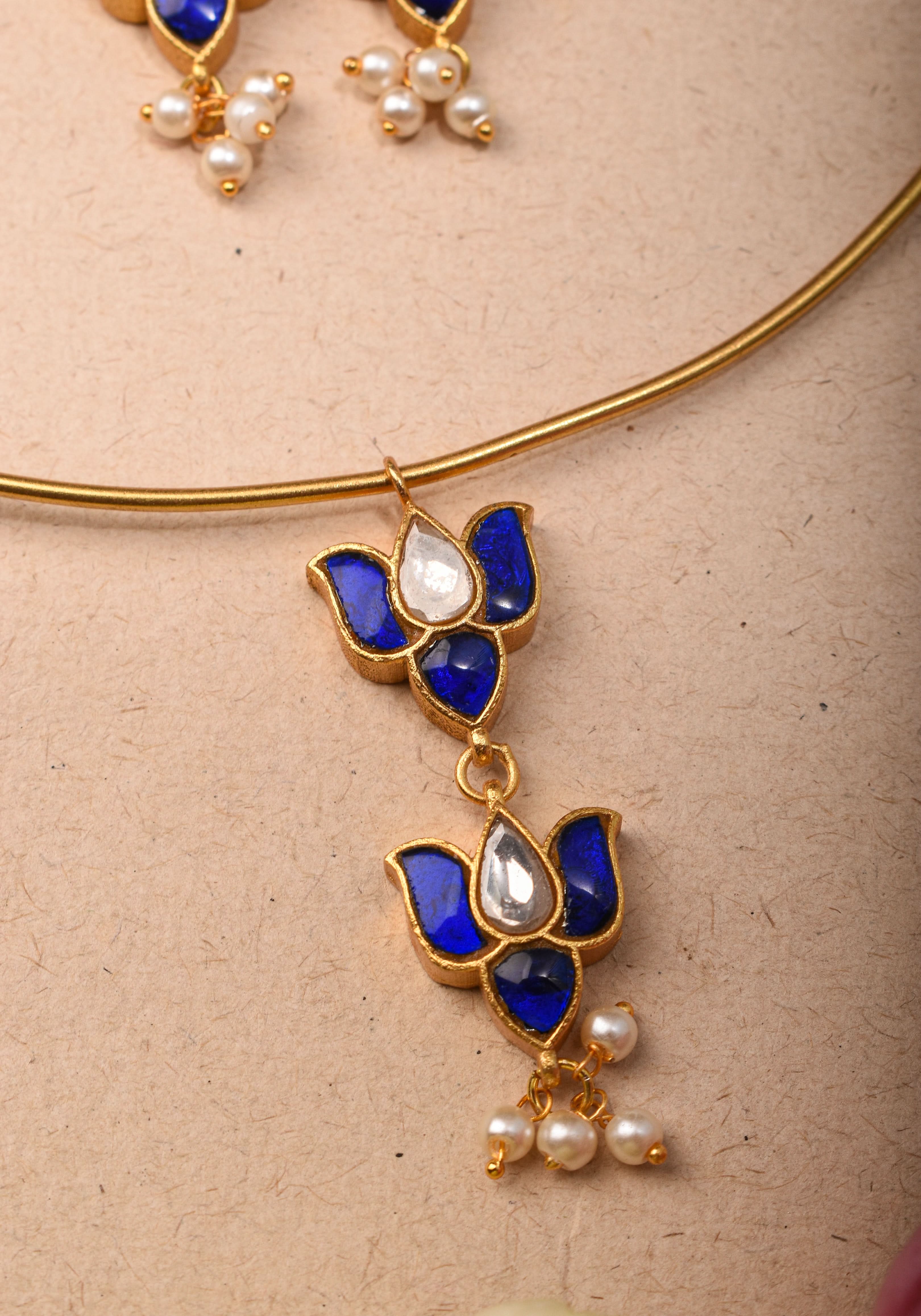 Double Lotus Minimalistic Wire base necklace and earring Set in Blue and White Stones | Shobitam Jewelry