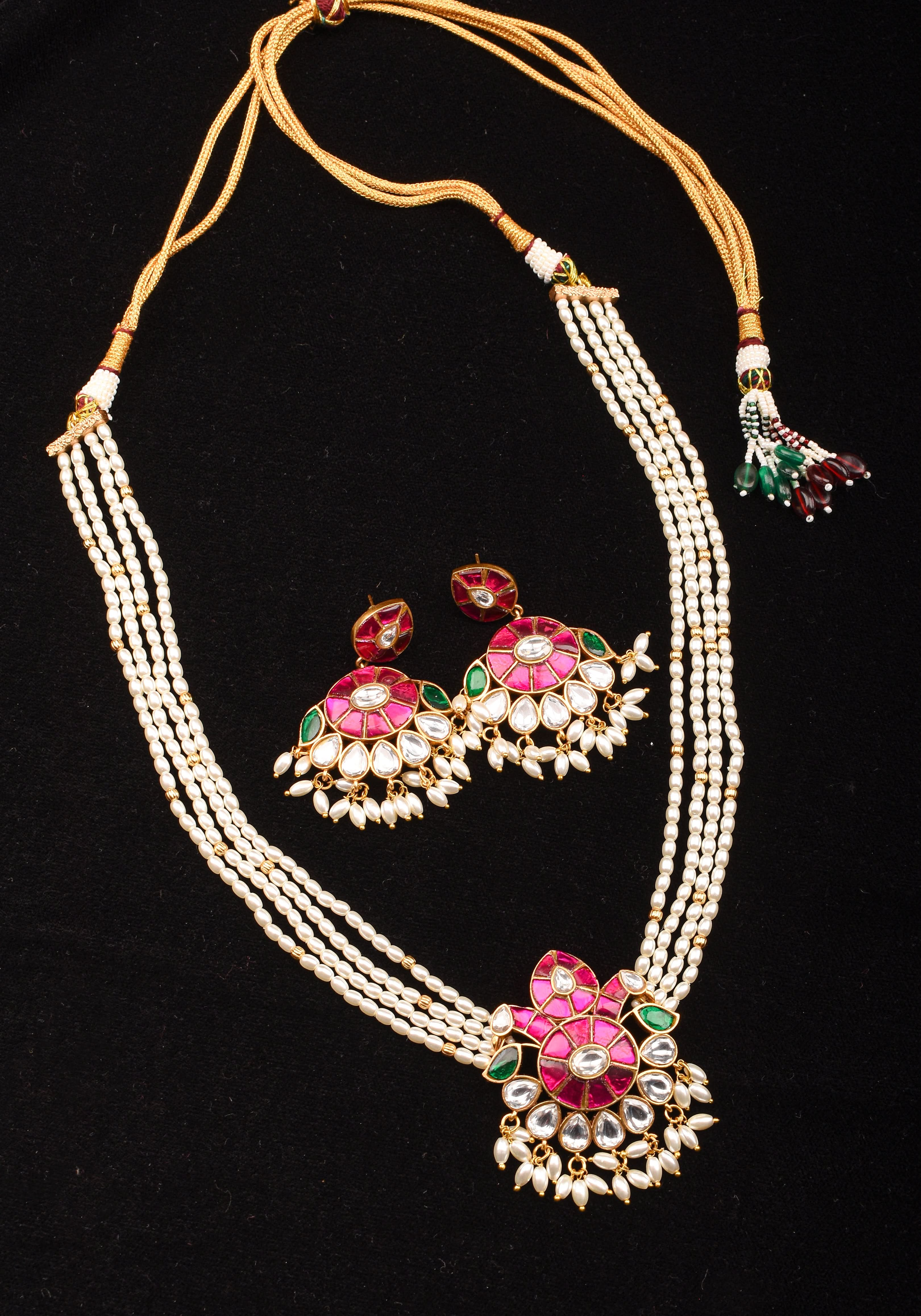 Ornate Jadau twin Peacock medium Length Haar and Matching Earrings | Shobitam Jewelry