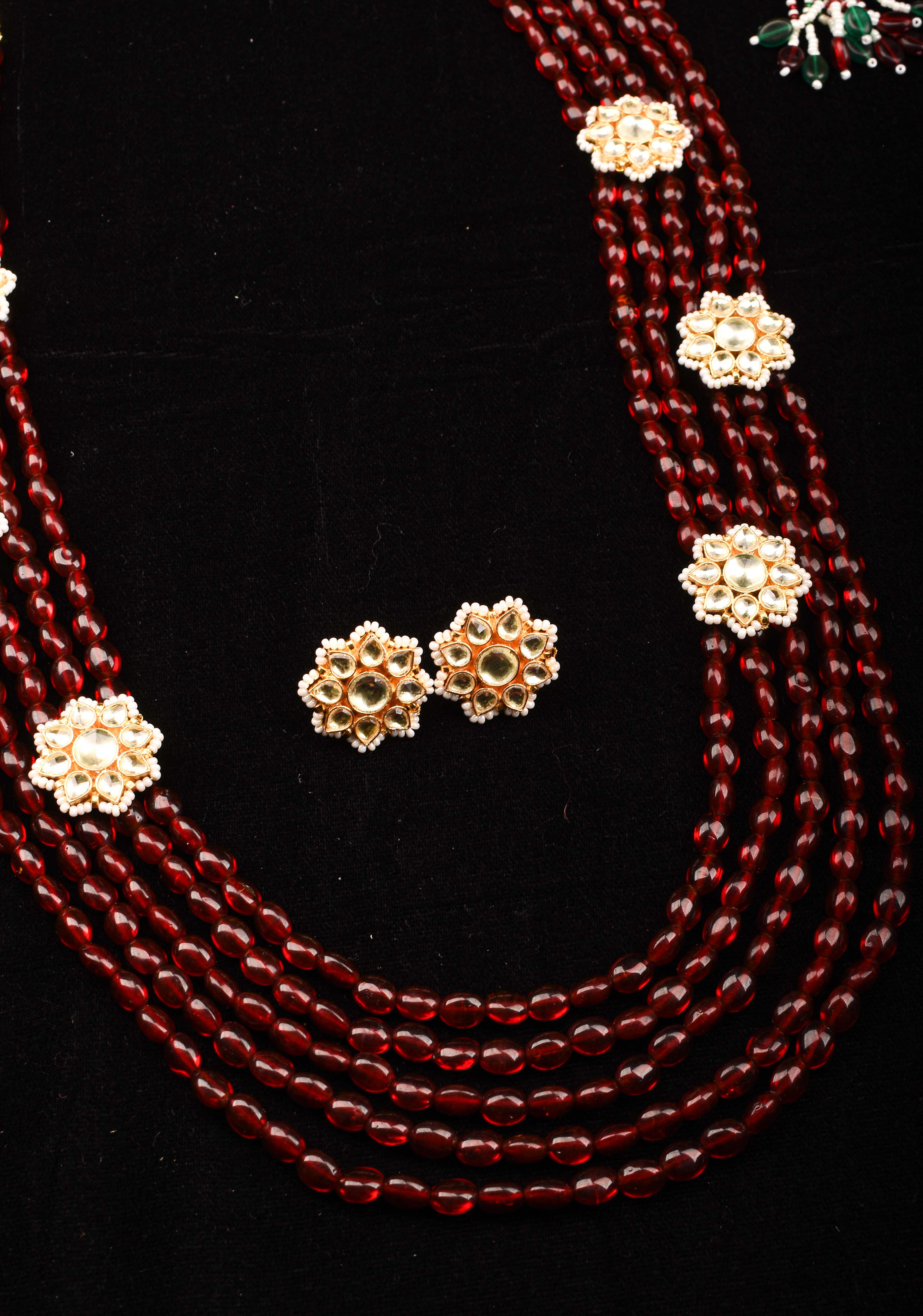 Multistrand beads Ahmedabadi Jadau kundan Long Necklace set | SHOBITAM