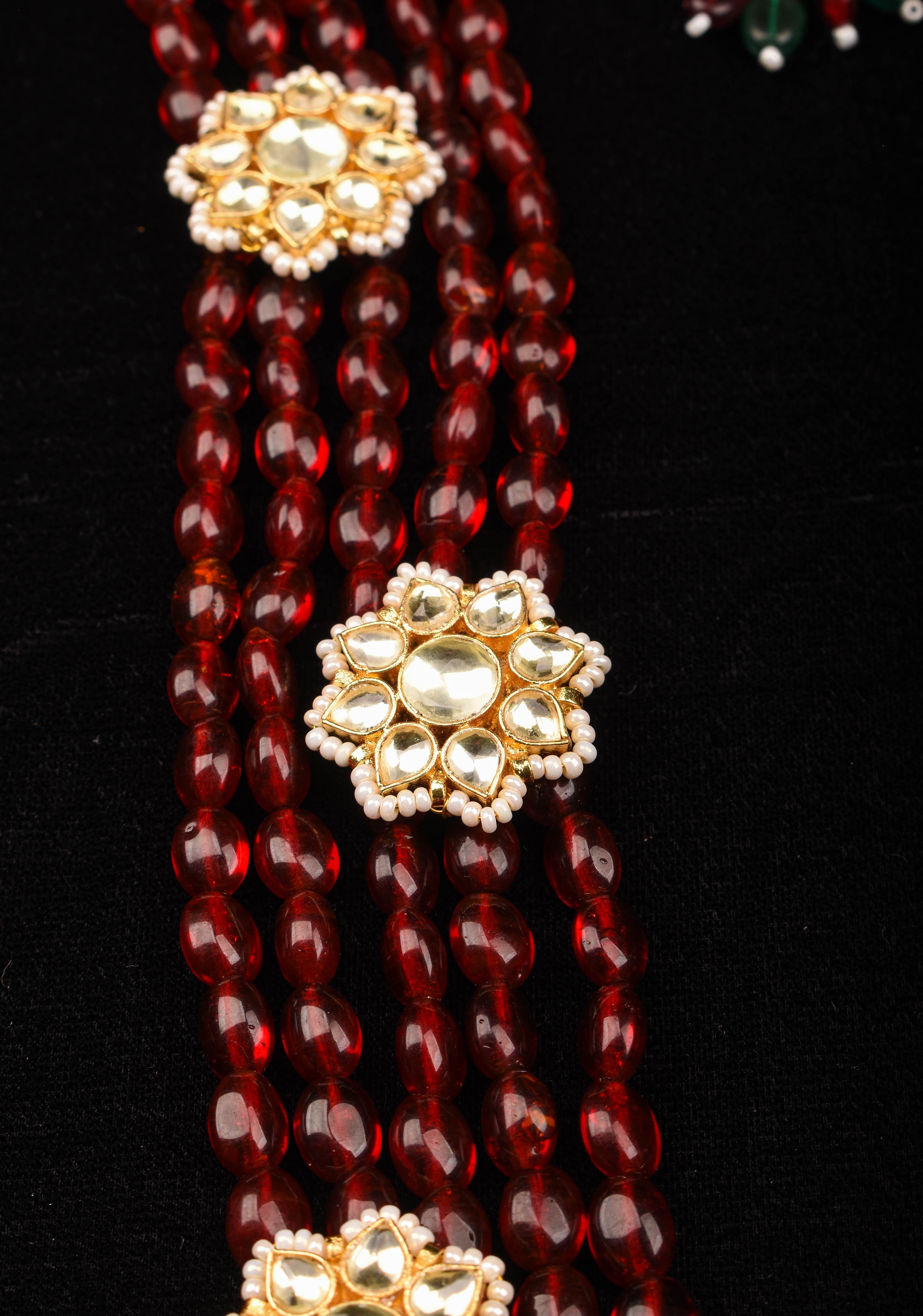 Multistrand beads Ahmedabadi Jadau kundan Long Necklace set | SHOBITAM