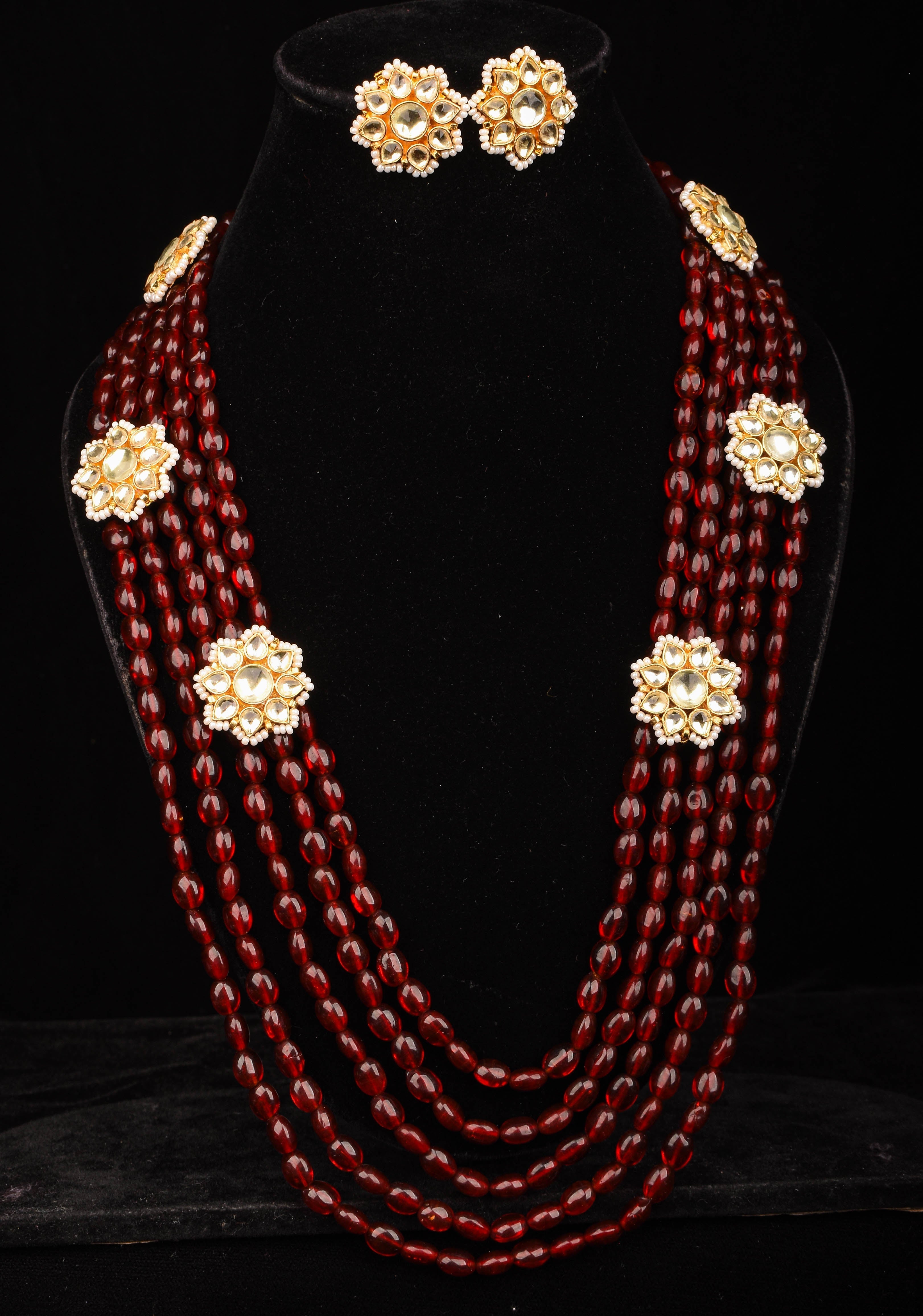Multistrand beads Ahmedabadi Jadau kundan Long Necklace set | SHOBITAM
