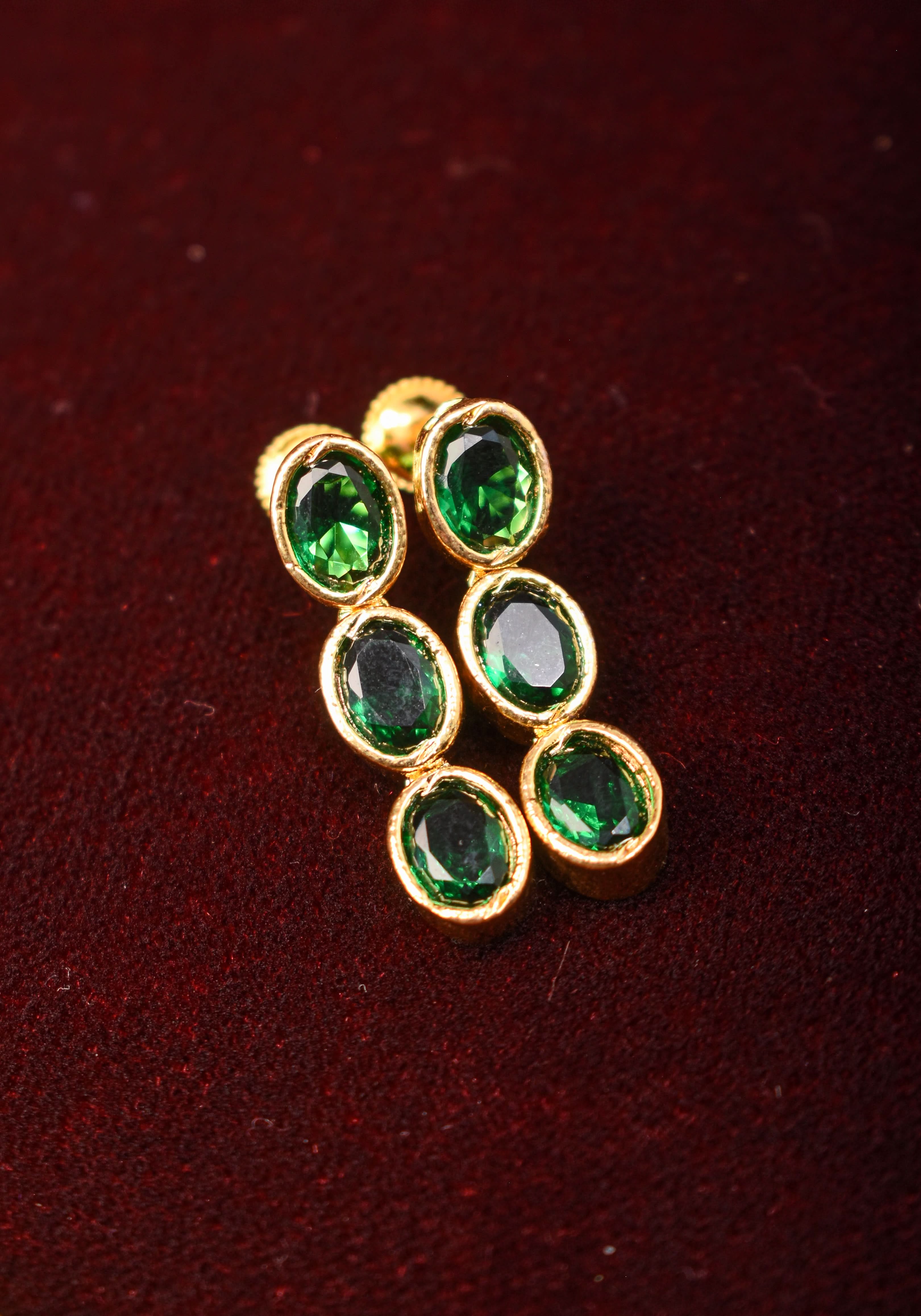 Green Stone Necklace with 3 strands of oval stones and matching earrings | SHOBITAM