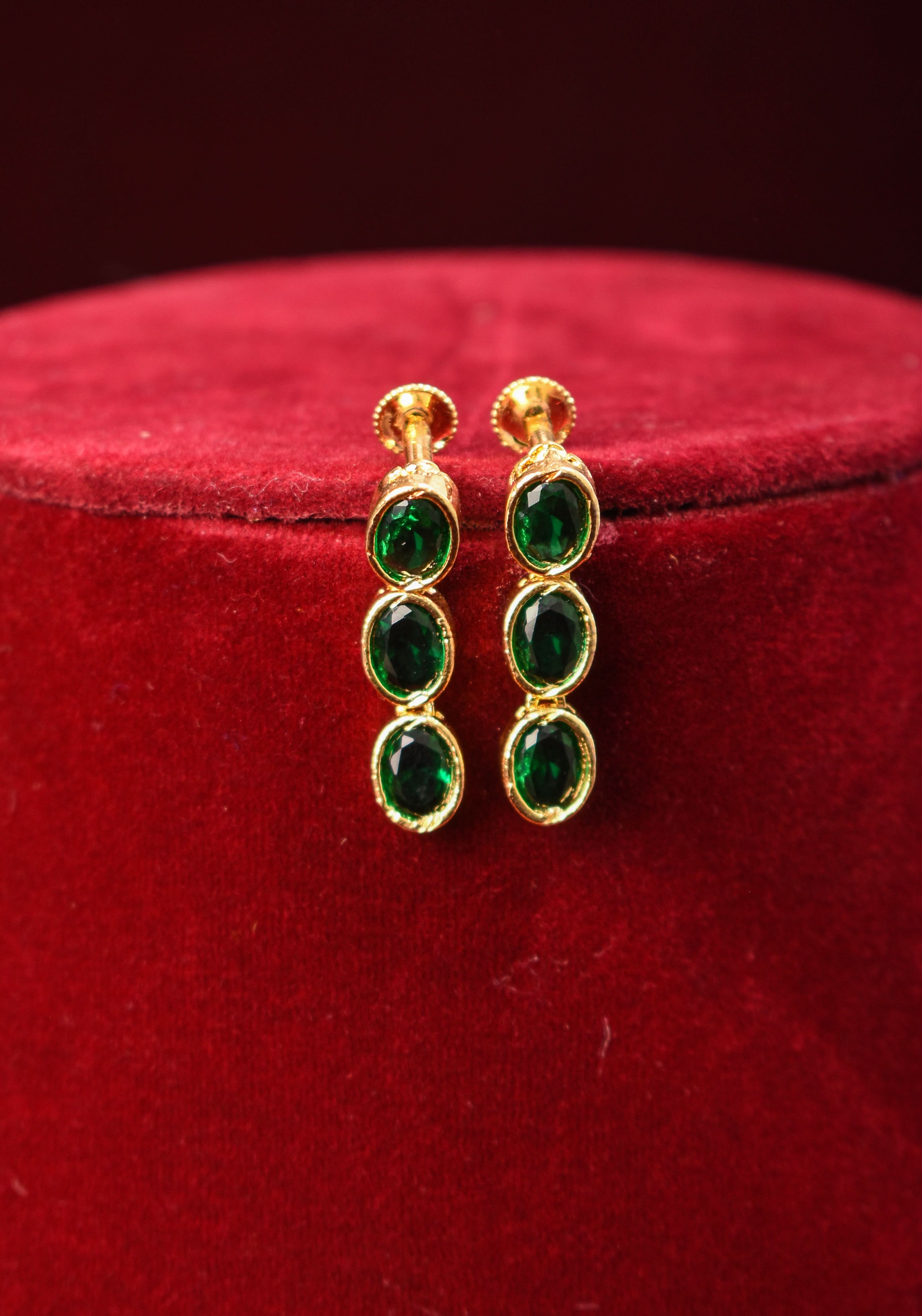 Green Stone Necklace with 3 strands of oval stones and matching earrings | SHOBITAM