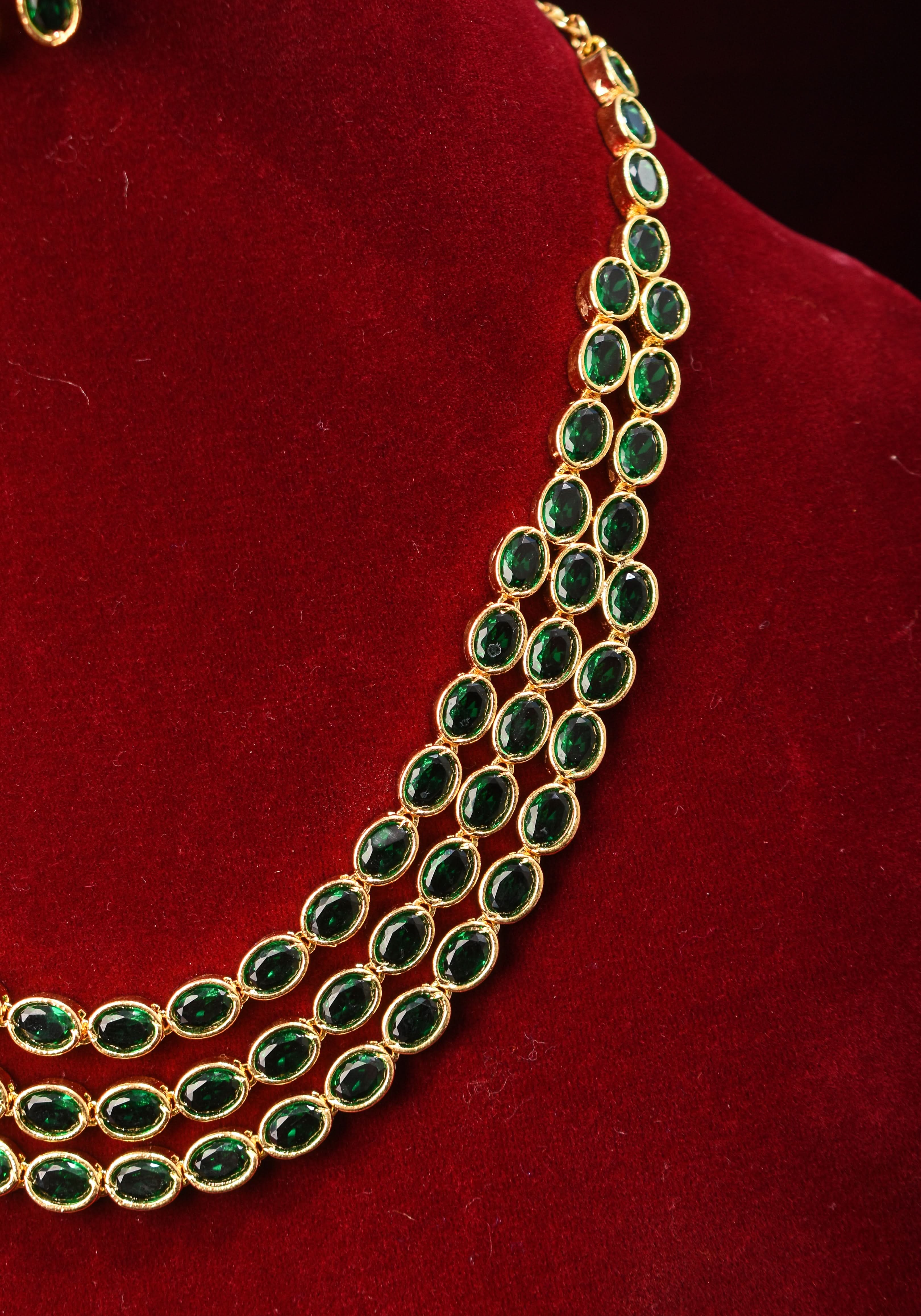 Green Stone Necklace with 3 strands of oval stones and matching earrings | SHOBITAM