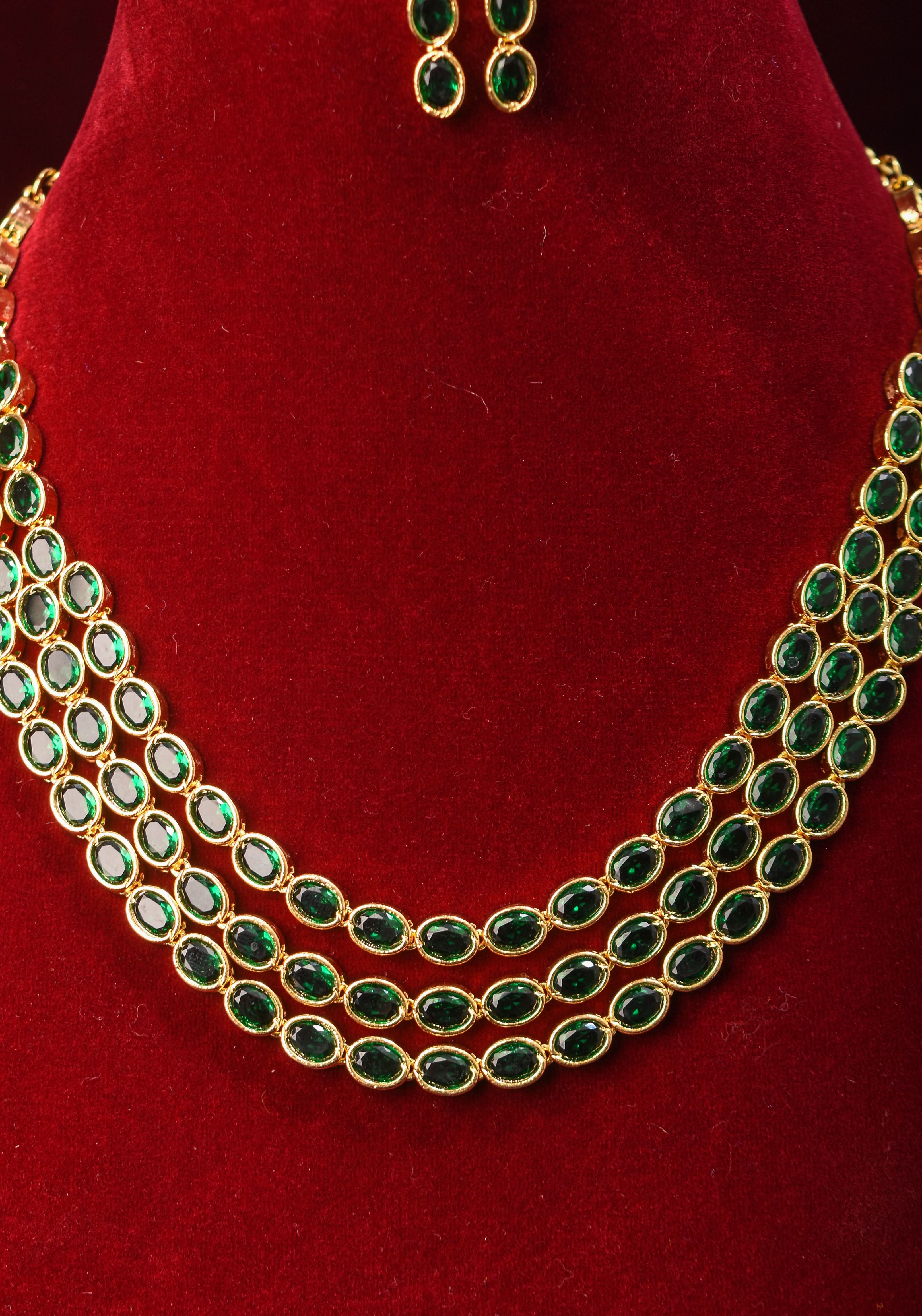 Green Stone Necklace with 3 strands of oval stones and matching earrings | SHOBITAM